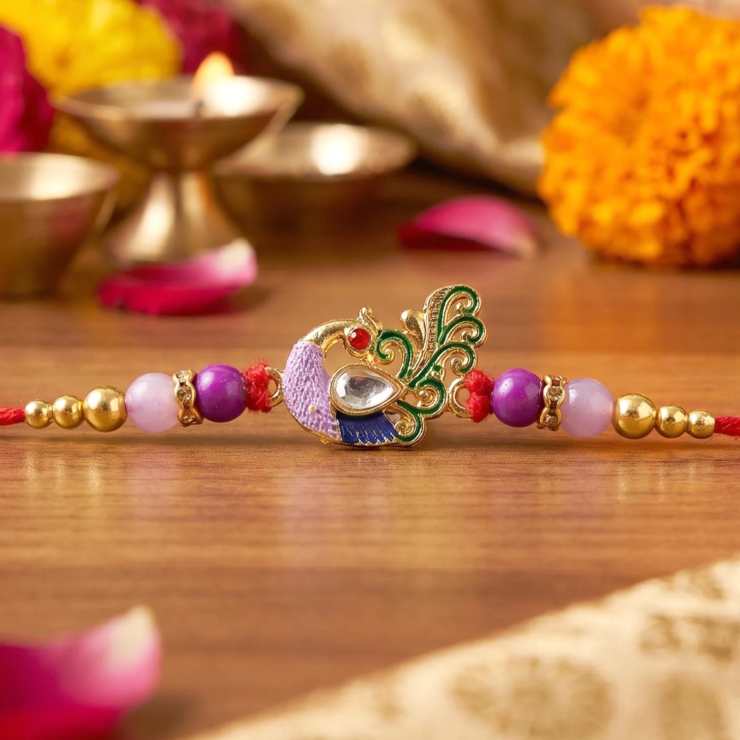 Royal Antique Peacock Kundan Designer Rakhi - Image 2