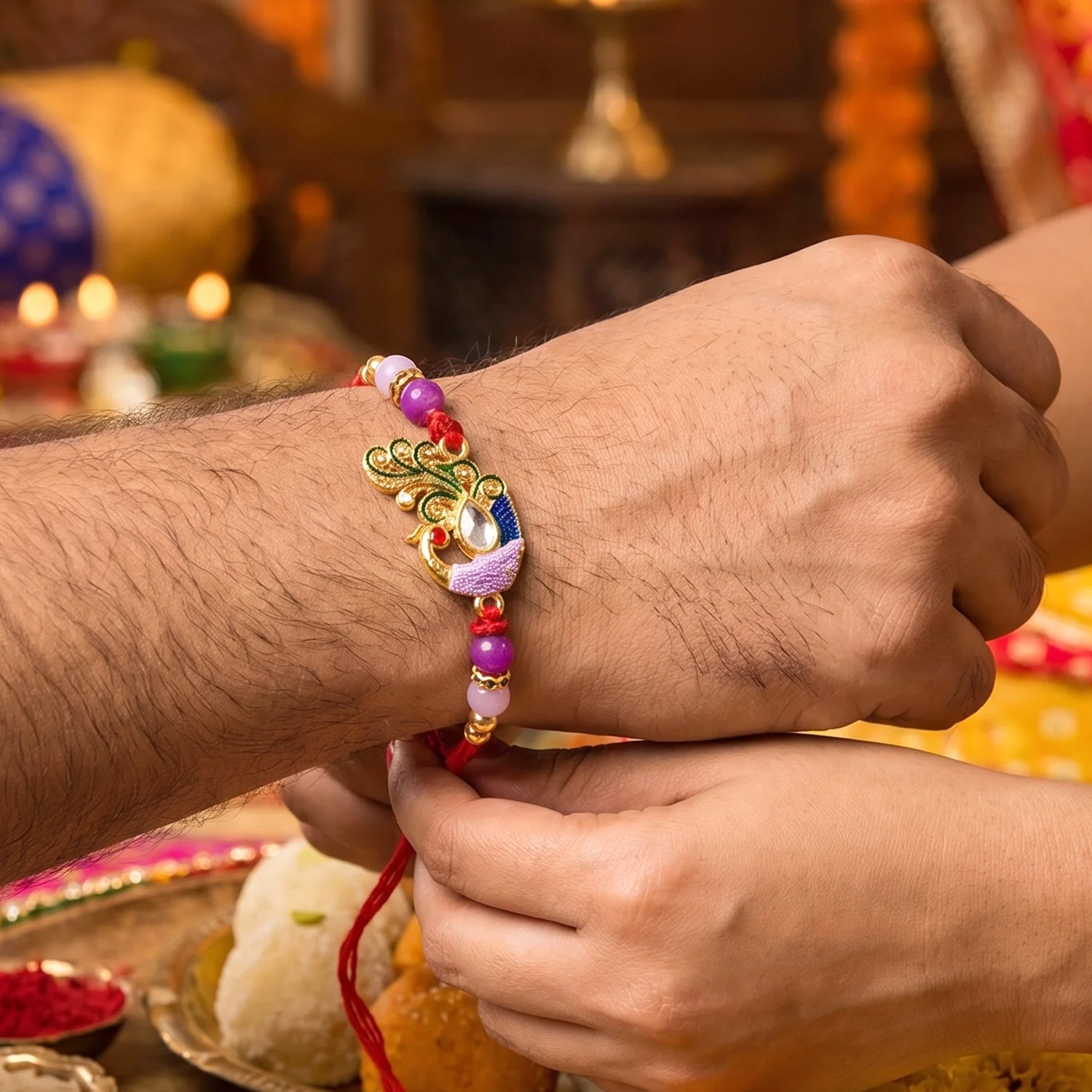 Royal Antique Peacock Kundan Designer Rakhi - Image 3