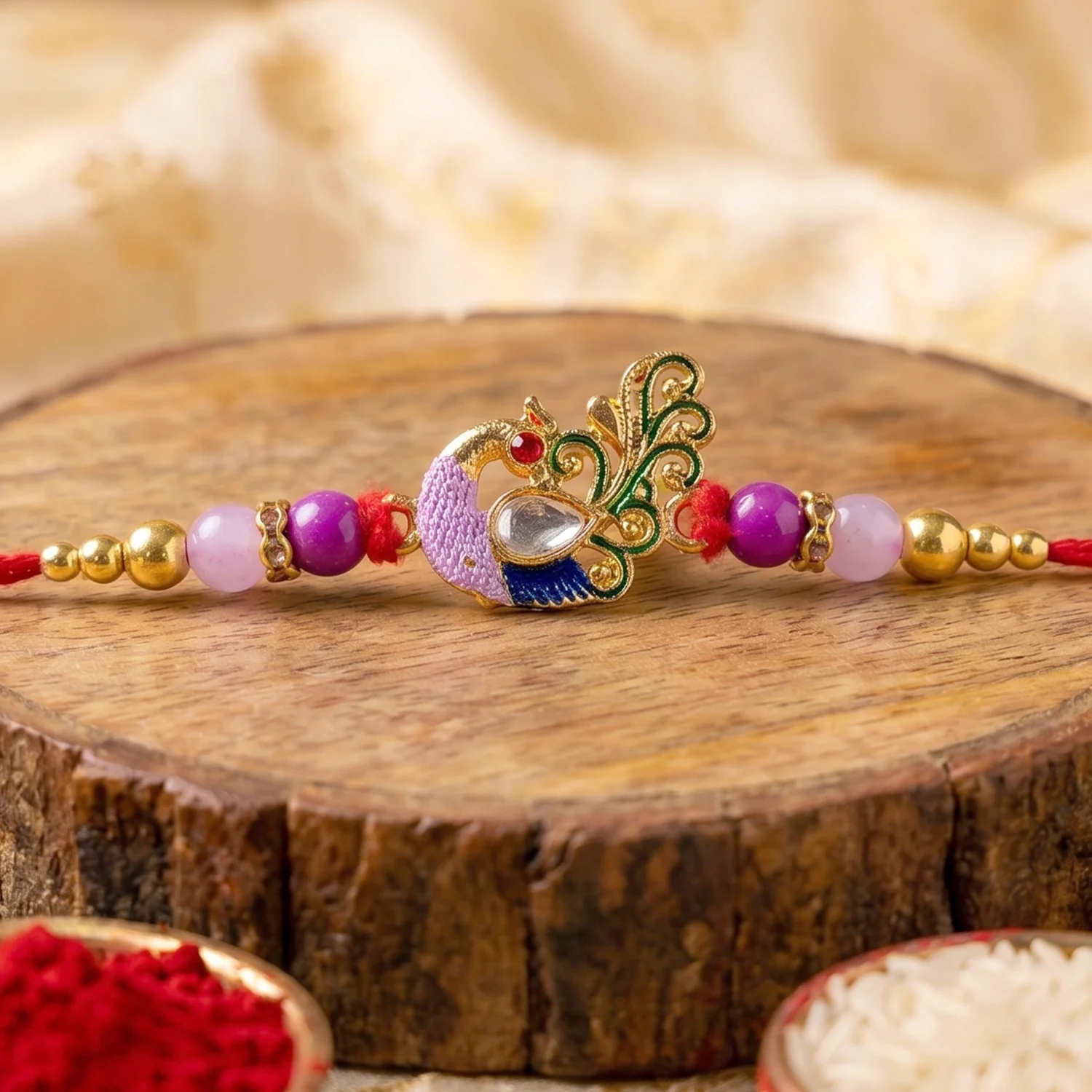 Royal Antique Peacock Kundan Designer Rakhi - Image 4