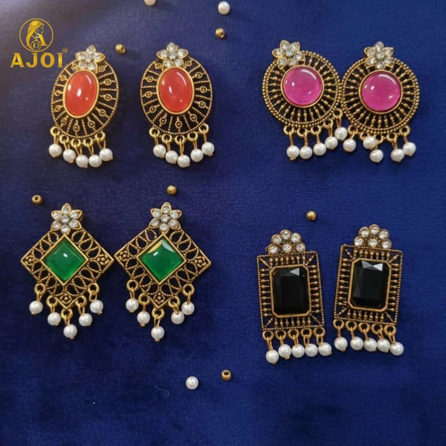 Royal Antique Stone & Pearl Drop Earrings Combo – 4 Designer Pairs - Image 3
