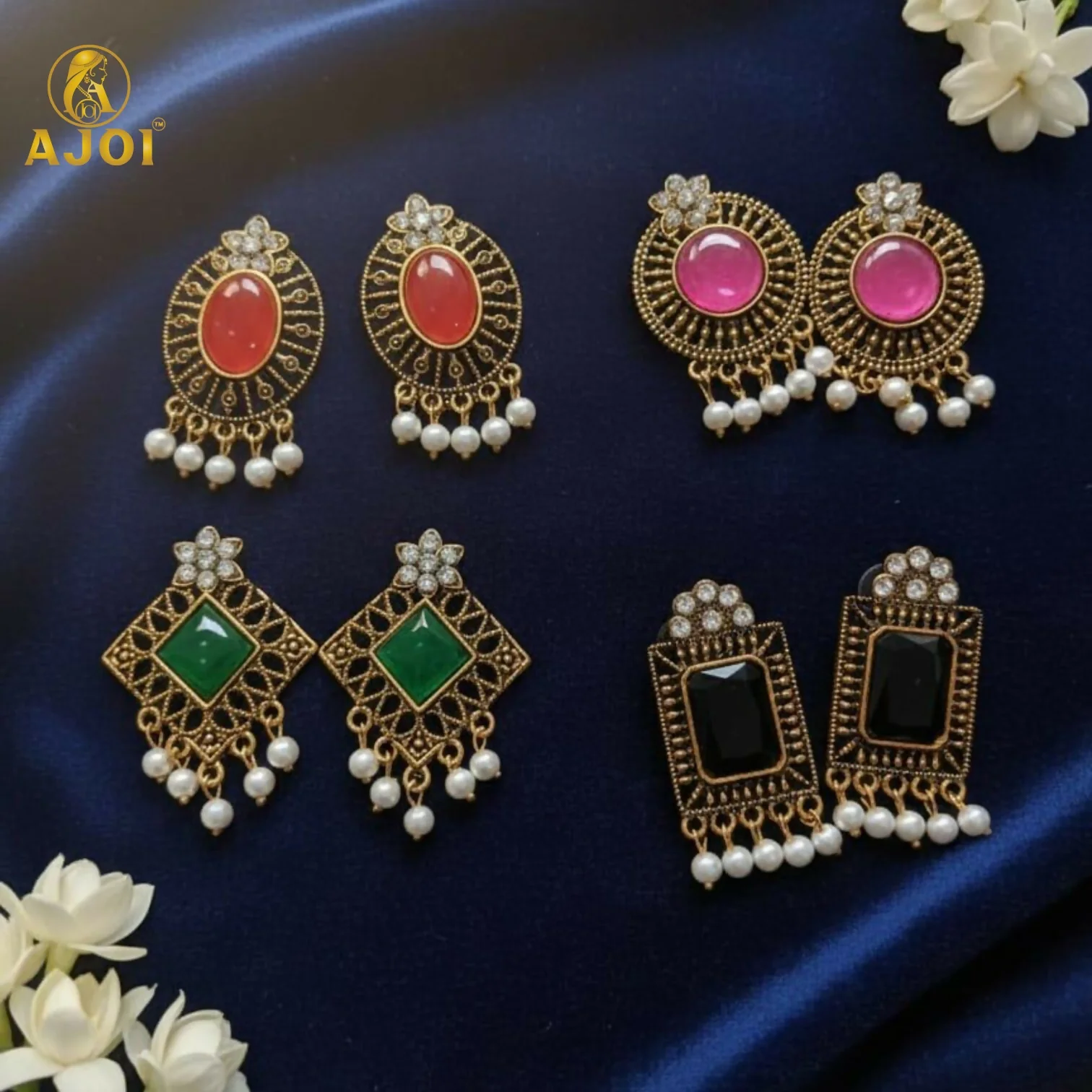 Royal Antique Stone & Pearl Drop Earrings Combo – 4 Designer Pairs - Image 4