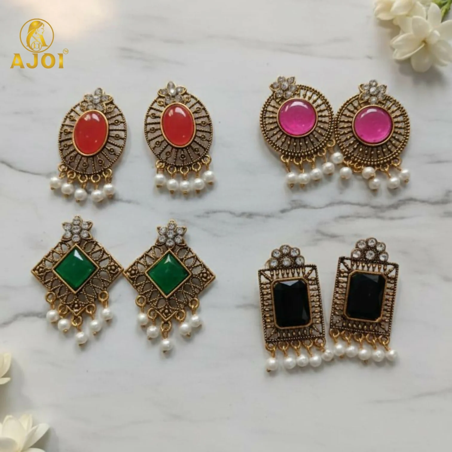 Royal Antique Stone & Pearl Drop Earrings Combo – 4 Designer Pairs - Image 5