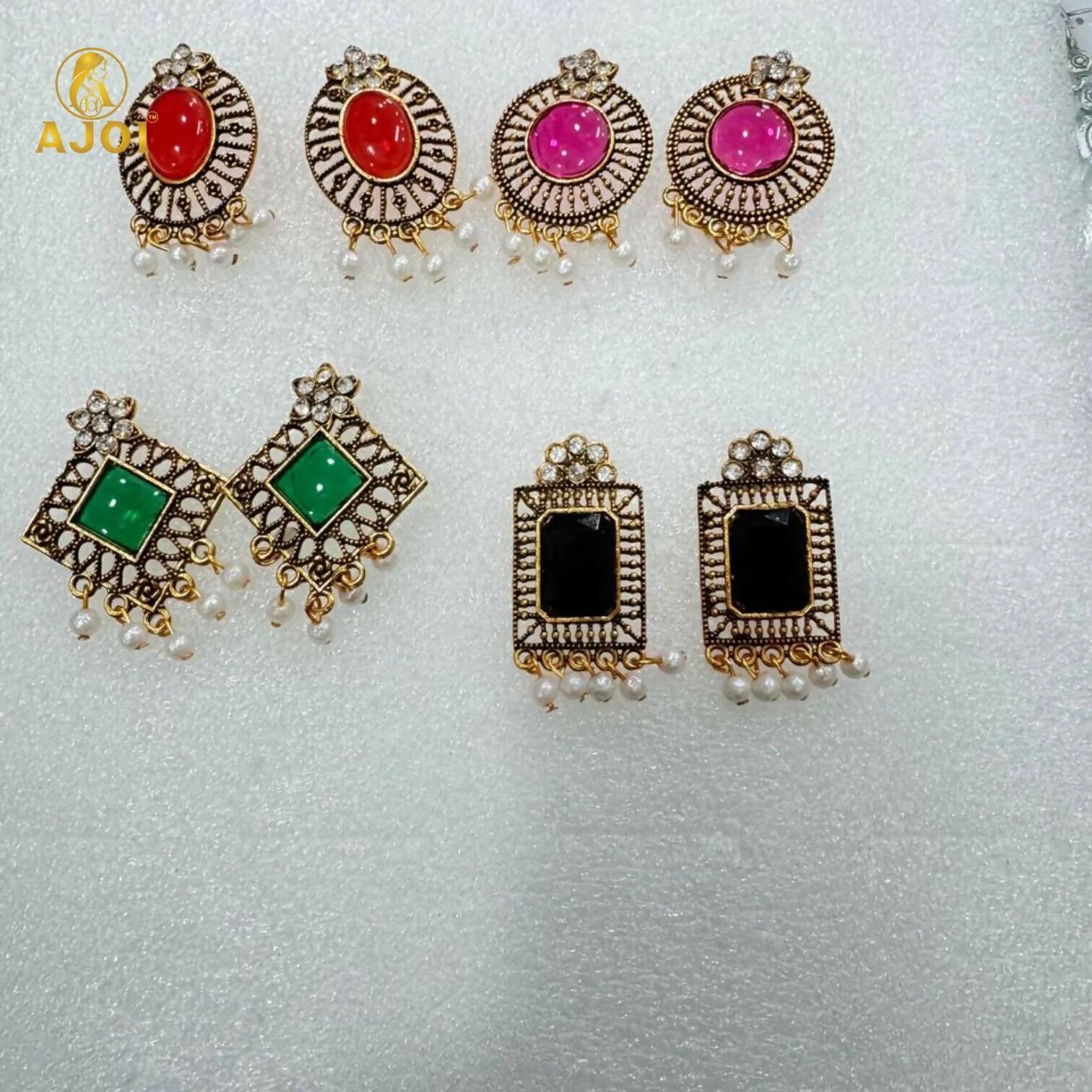 Royal Antique Stone & Pearl Drop Earrings Combo – 4 Designer Pairs - Image 6