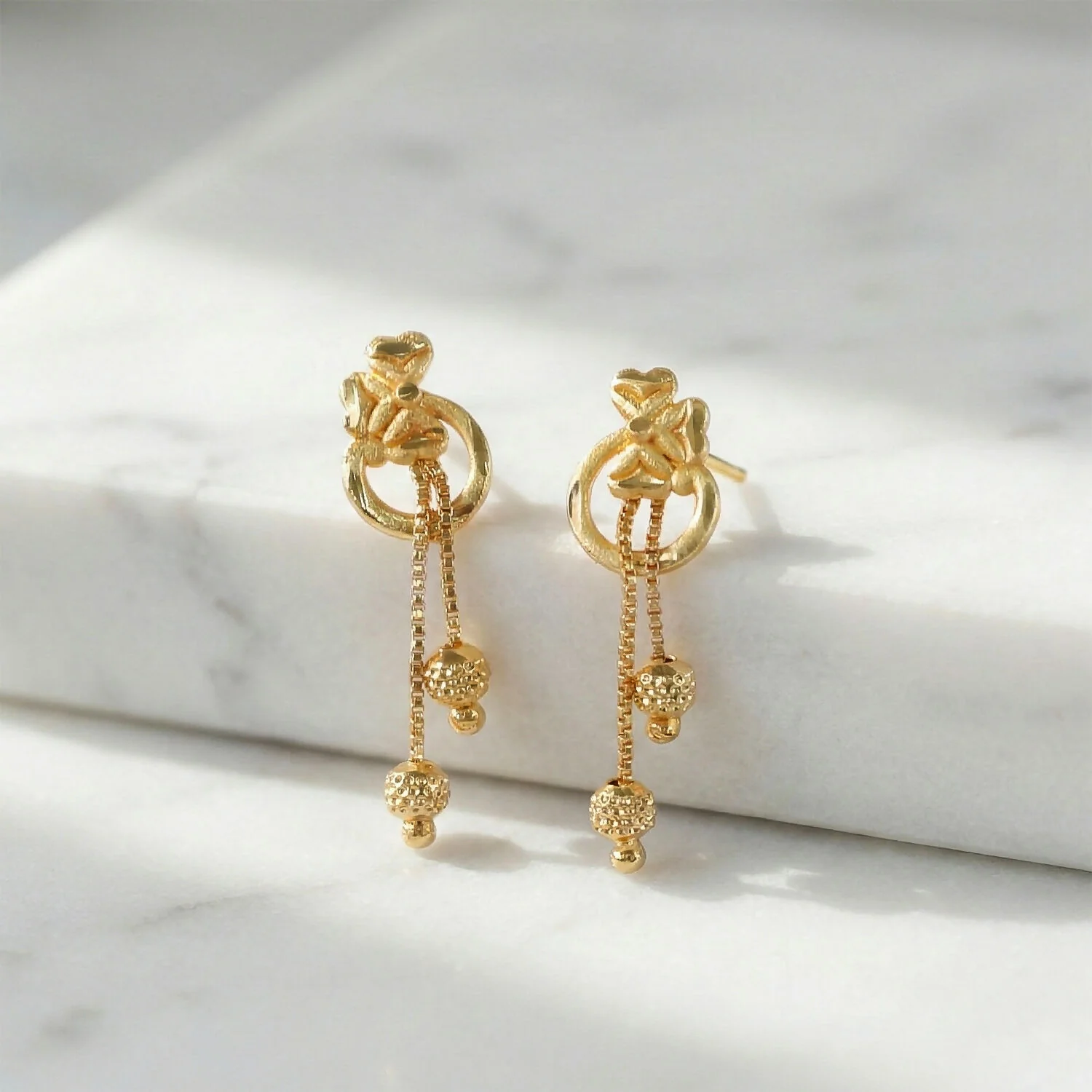 Royal Bloom Heart Drop Earrings with Triple Chain Gold Beads – Floral Statement Jewelry (2 Pair) - Image 3