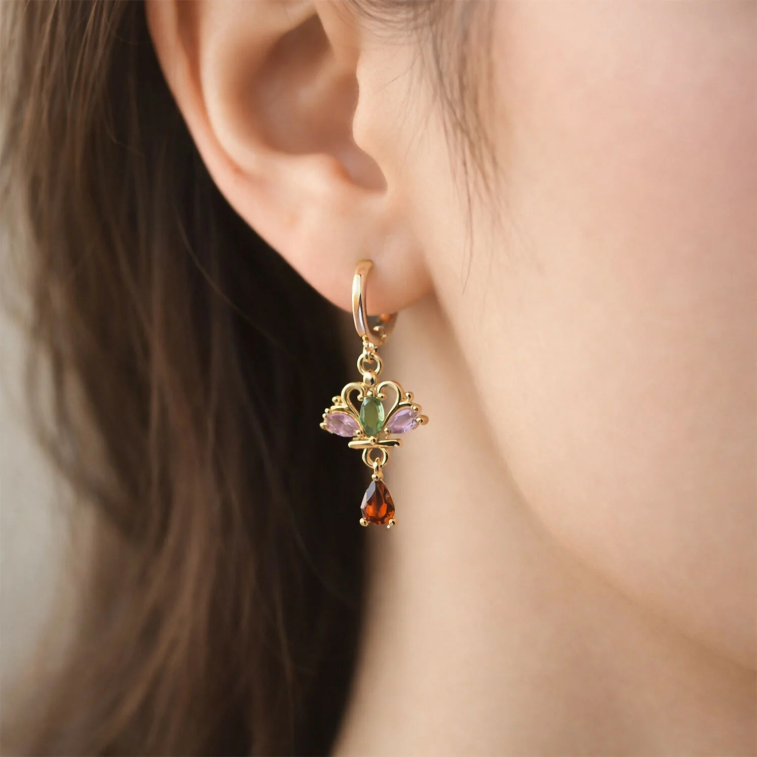 Royal Crown-Inspired Multicolor Crystal Dangle Earrings with Gold Hoop - Image 3