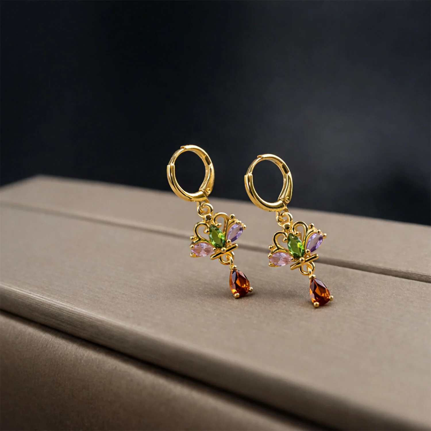 Royal Crown-Inspired Multicolor Crystal Dangle Earrings with Gold Hoop - Image 4