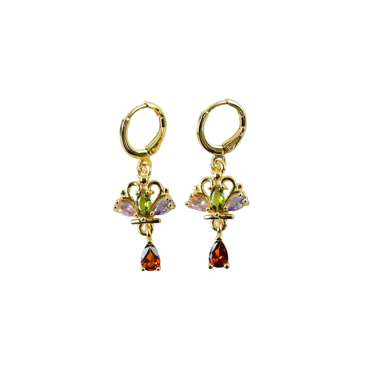 Royal Crown-Inspired Multicolor Crystal Dangle Earrings with Gold Hoop - Image 5