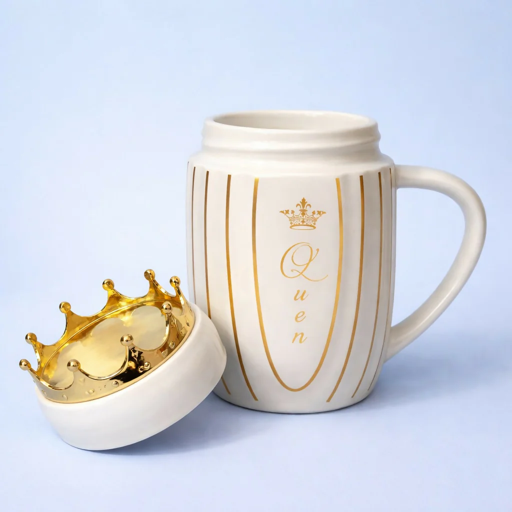 Royal Crown Lid Coffee Mug with Queen Design Ceramic Cup - Image 2