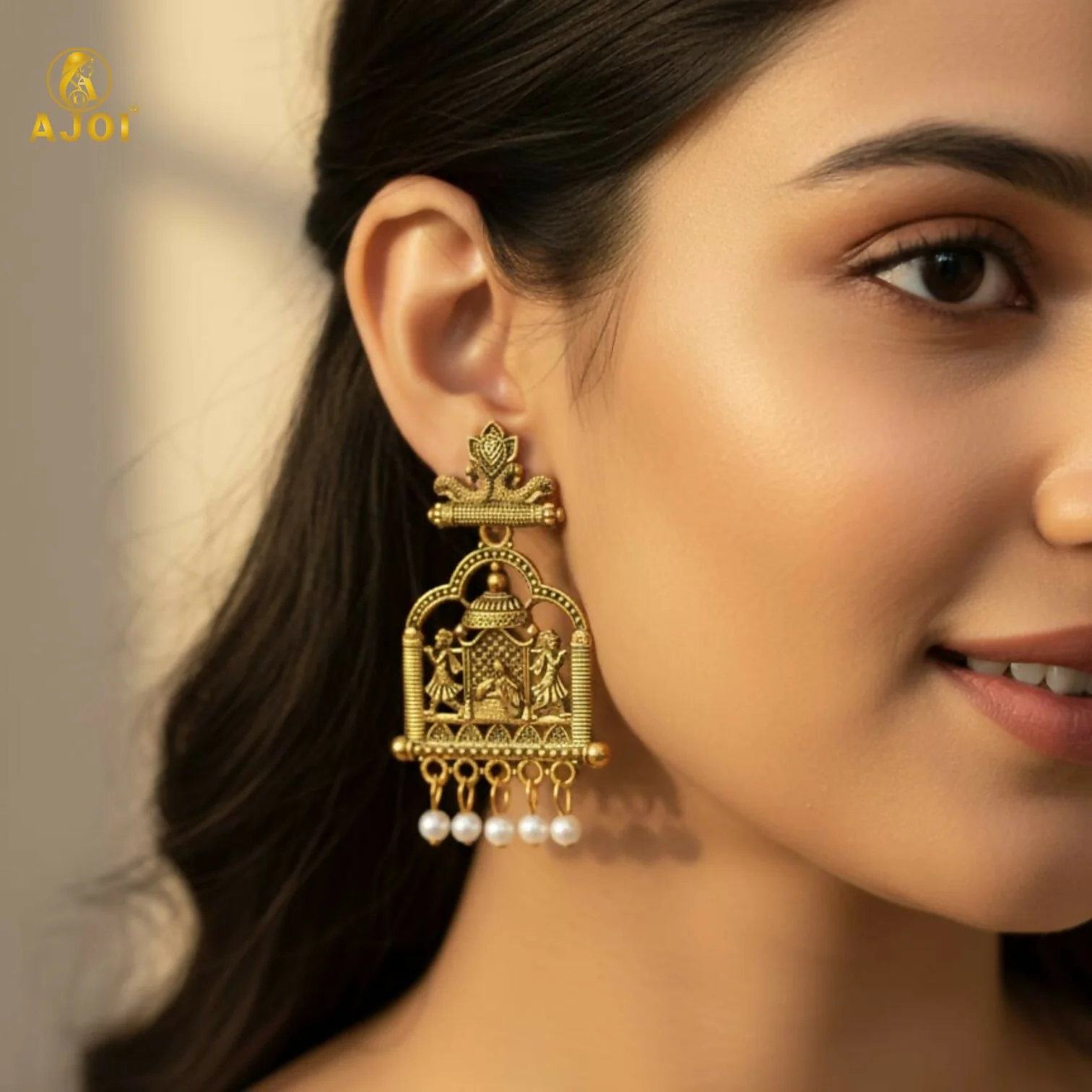 Royal Doli Motif Gold-Tone Temple Earrings with Pearl Danglers - Image 2