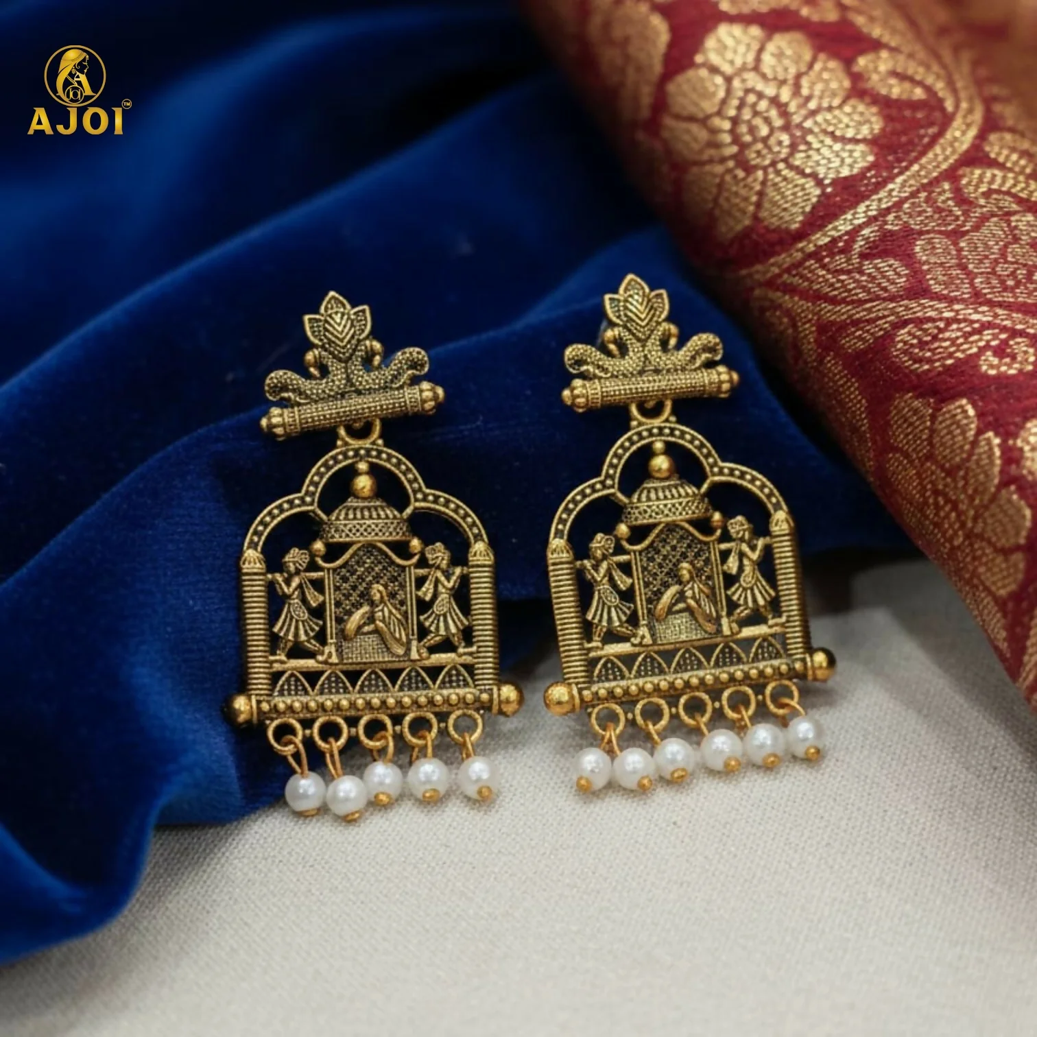 Royal Doli Motif Gold-Tone Temple Earrings with Pearl Danglers - Image 3
