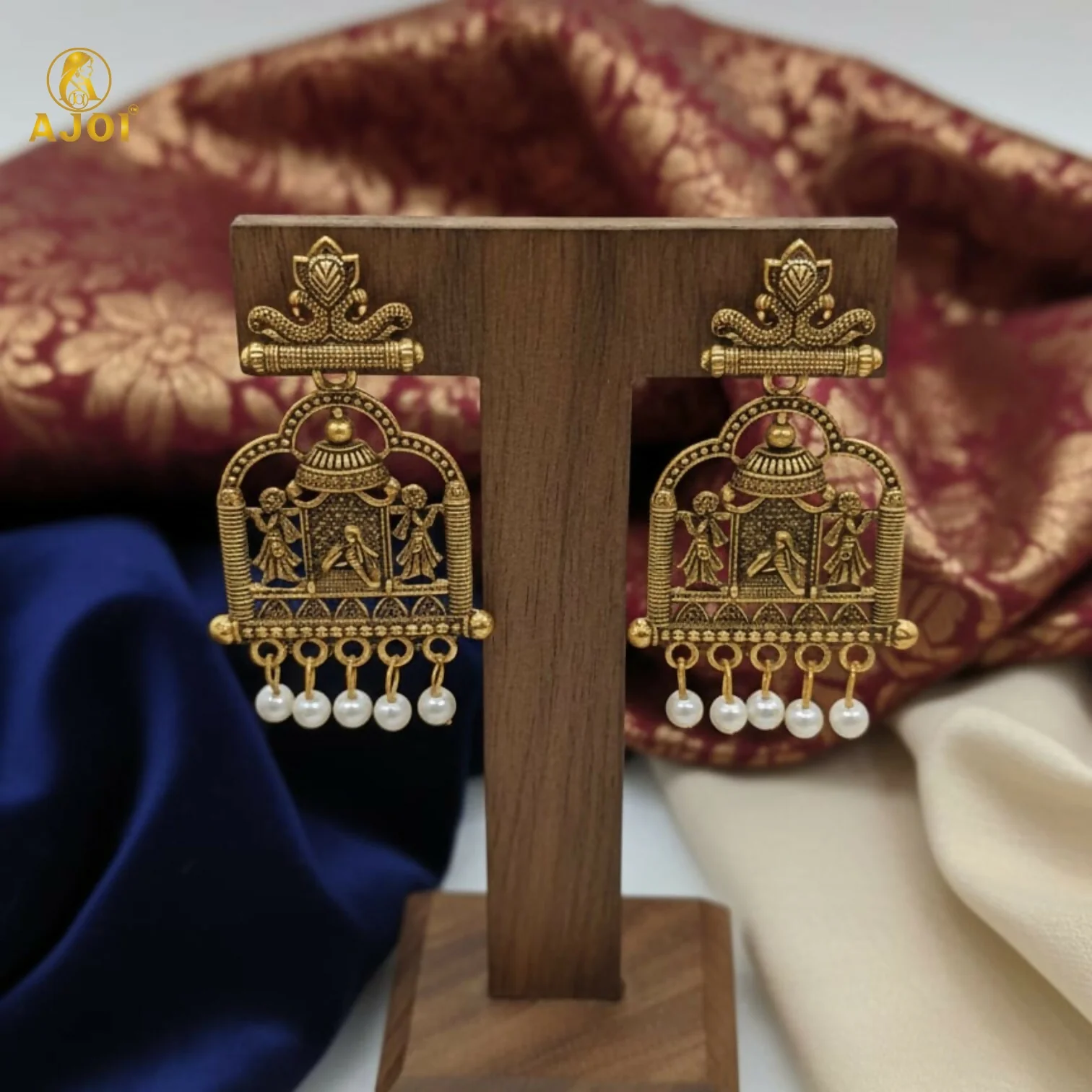 Royal Doli Motif Gold-Tone Temple Earrings with Pearl Danglers - Image 4