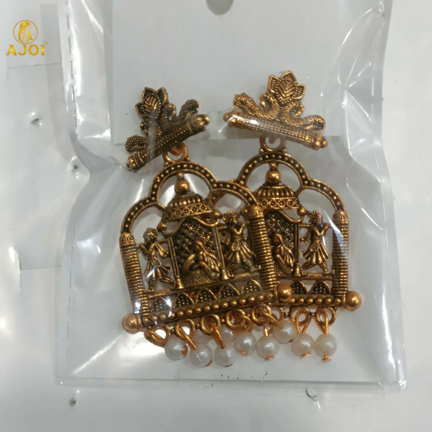 Royal Doli Motif Gold-Tone Temple Earrings with Pearl Danglers - Image 5