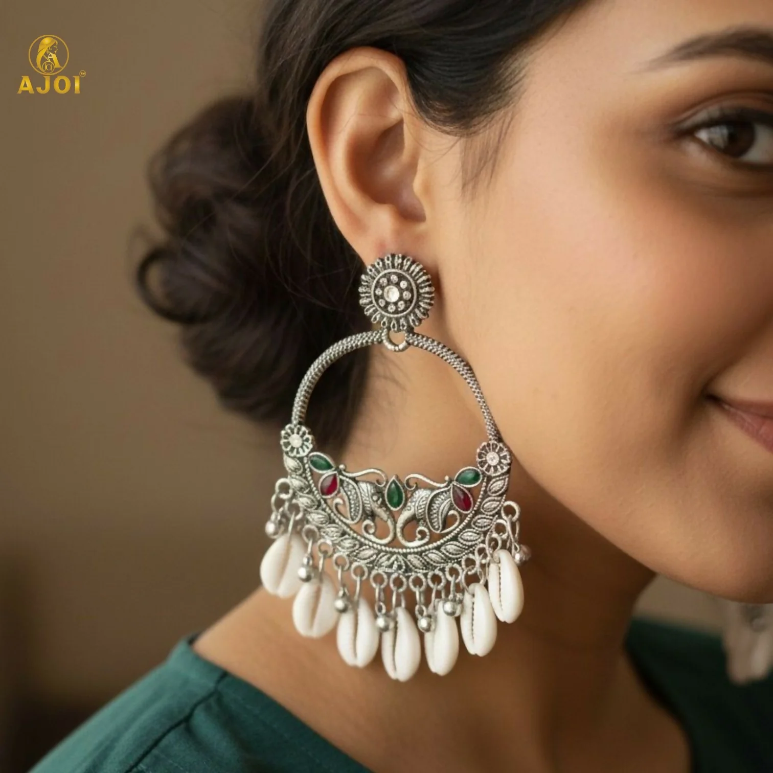 Royal Elephant Oxidized Silver Shell Chandbali Earrings with Handcrafted Motifs - Image 2