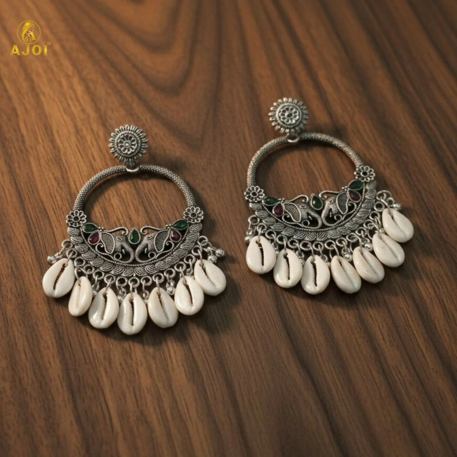 Royal Elephant Oxidized Silver Shell Chandbali Earrings with Handcrafted Motifs - Image 3