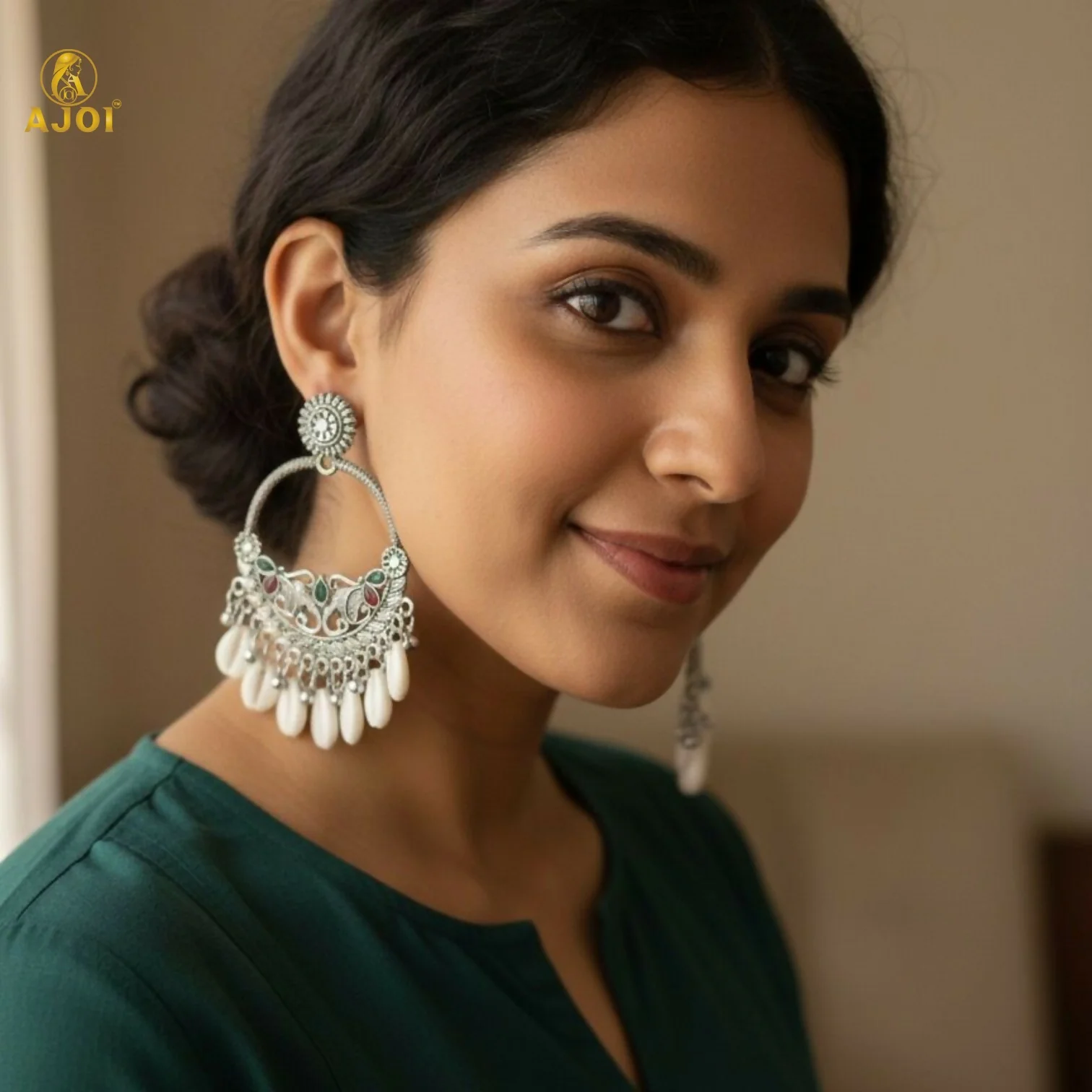 Royal Elephant Oxidized Silver Shell Chandbali Earrings with Handcrafted Motifs - Image 4