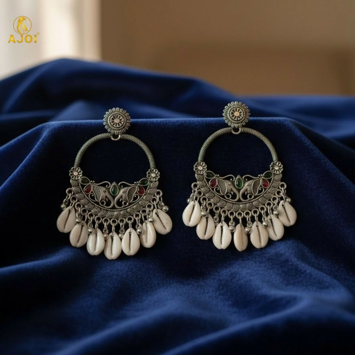Royal Elephant Oxidized Silver Shell Chandbali Earrings with Handcrafted Motifs - Image 5