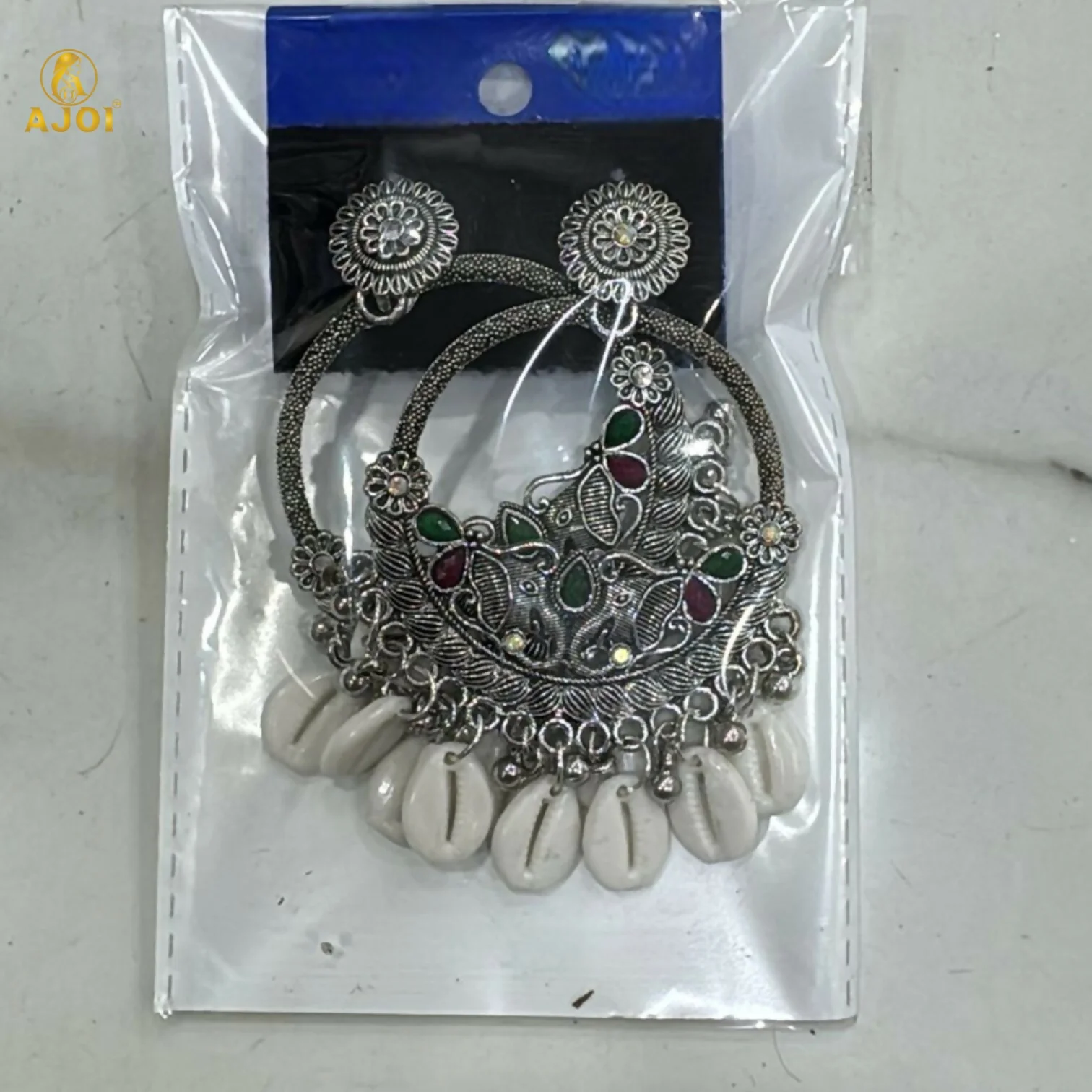 Royal Elephant Oxidized Silver Shell Chandbali Earrings with Handcrafted Motifs - Image 6