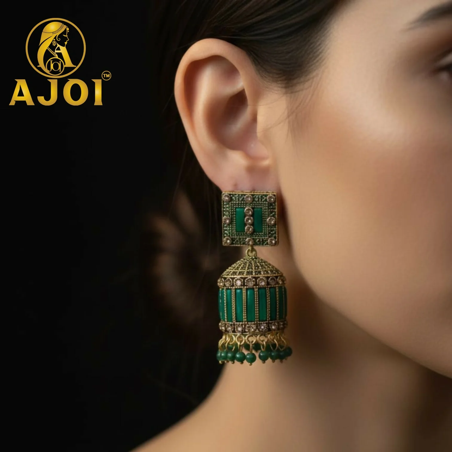 Royal Emerald Green Designer Earrings with Statement Drop and Stone Accents - Image 2