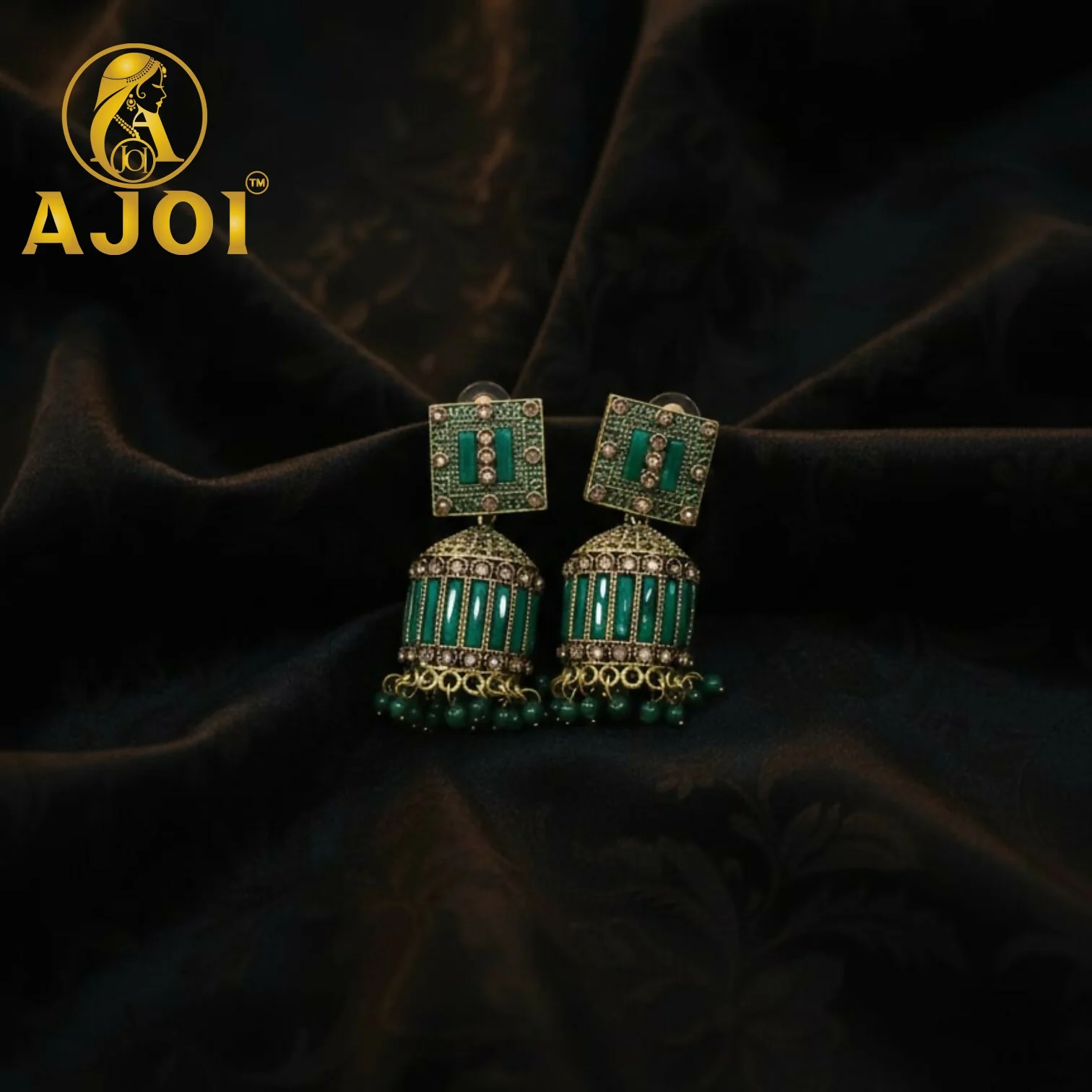 Royal Emerald Green Designer Earrings with Statement Drop and Stone Accents - Image 3