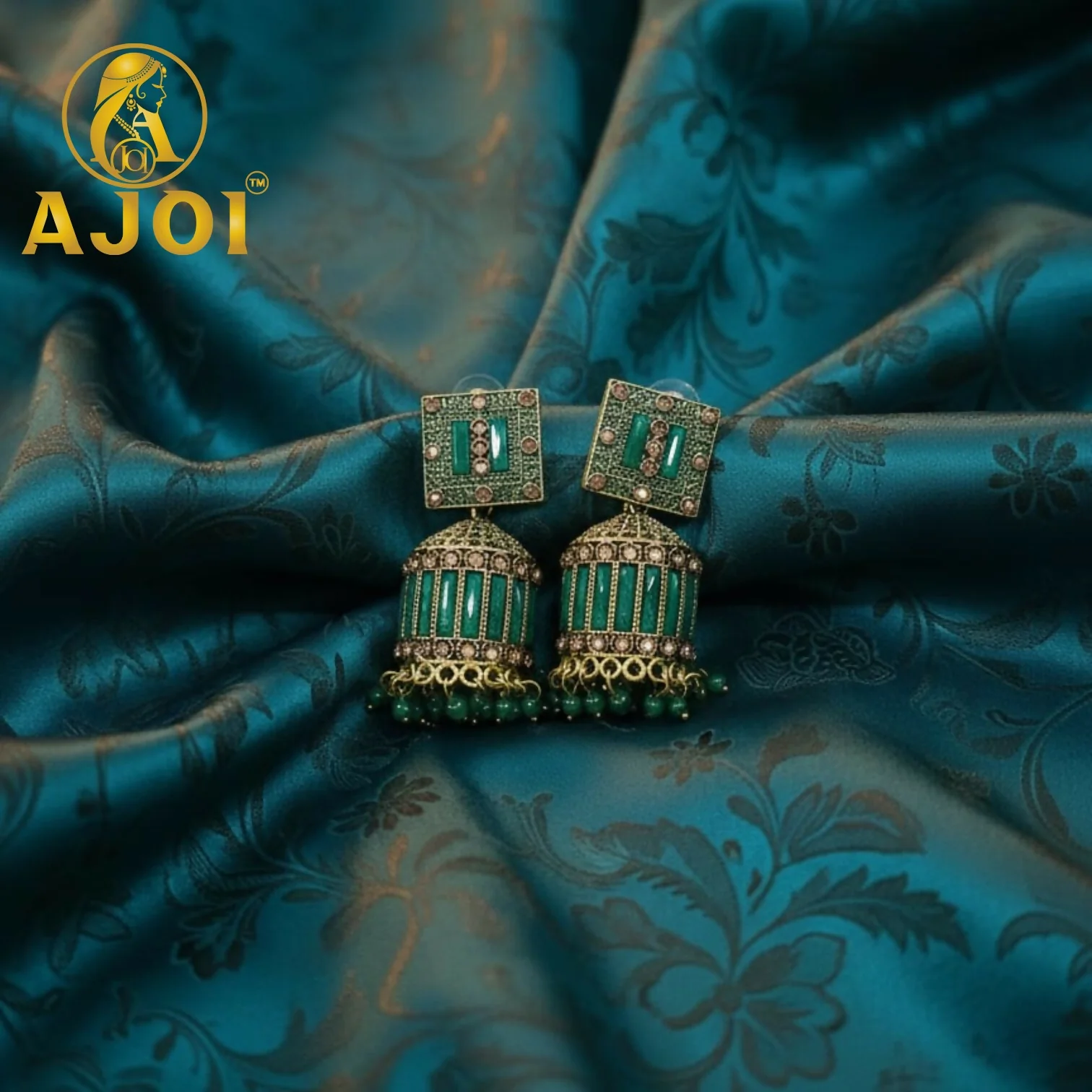 Royal Emerald Green Designer Earrings with Statement Drop and Stone Accents - Image 4