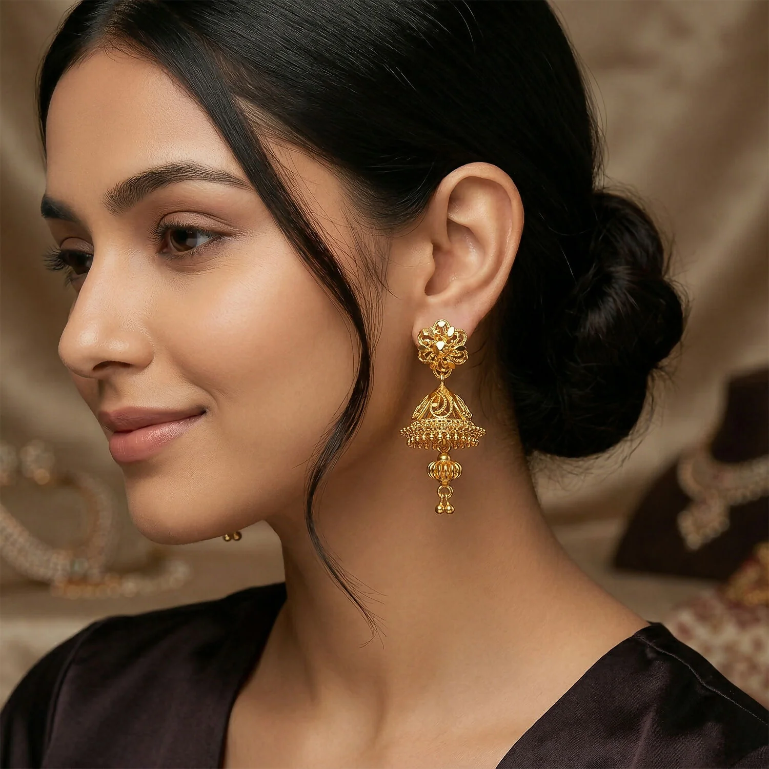 Royal Ethnic Gold Jhumka Earrings with Intricate Detailing - Image 2