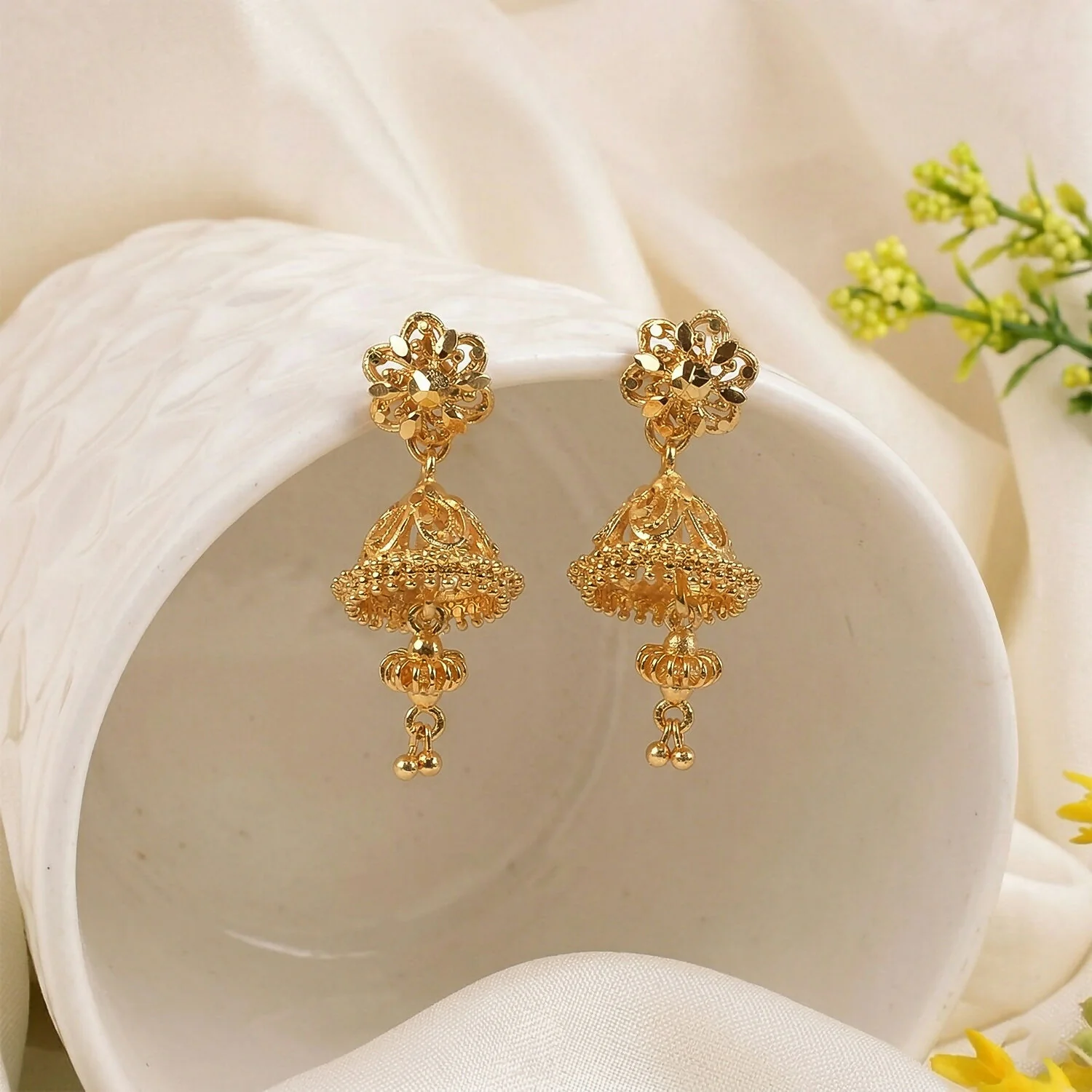 Royal Ethnic Gold Jhumka Earrings with Intricate Detailing - Image 3