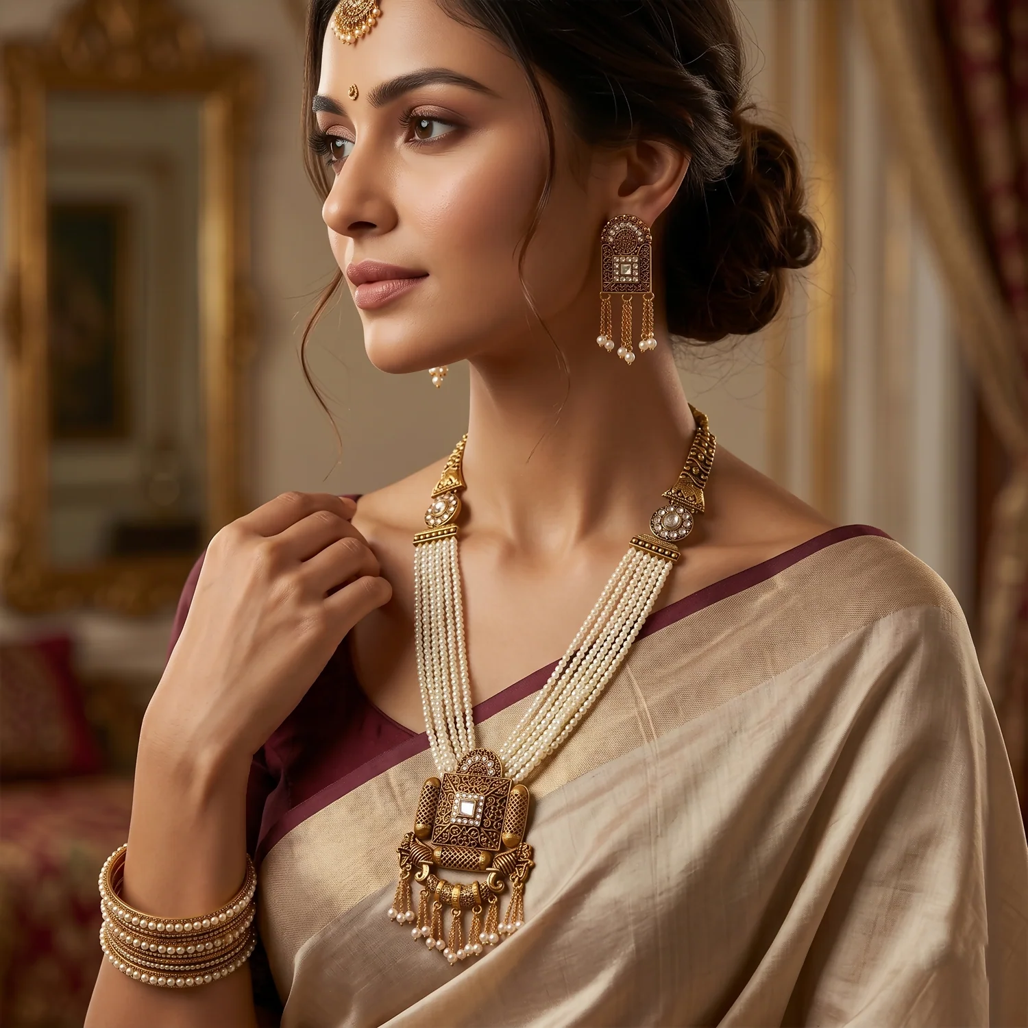Royal Gold and Pearl Necklace Set with Detailed Pendant and Earrings for Traditional Wear - Image 2