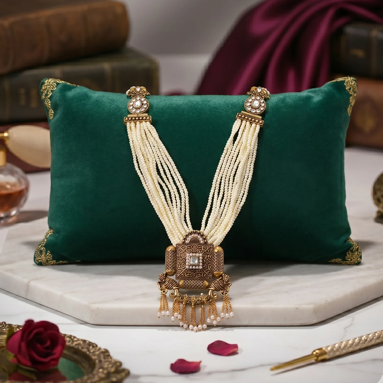 Royal Gold and Pearl Necklace Set with Detailed Pendant and Earrings for Traditional Wear - Image 3