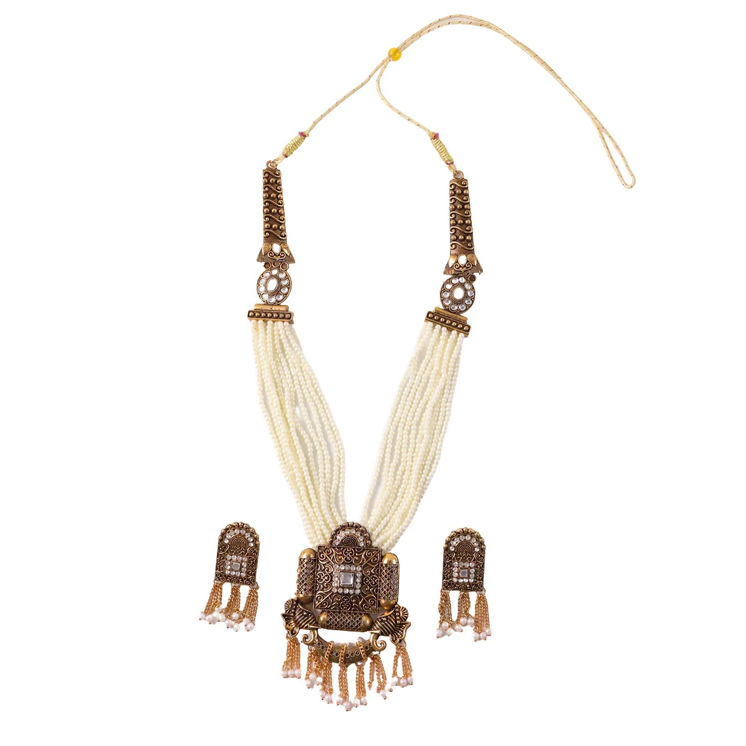 Royal Gold and Pearl Necklace Set with Detailed Pendant and Earrings for Traditional Wear - Image 5