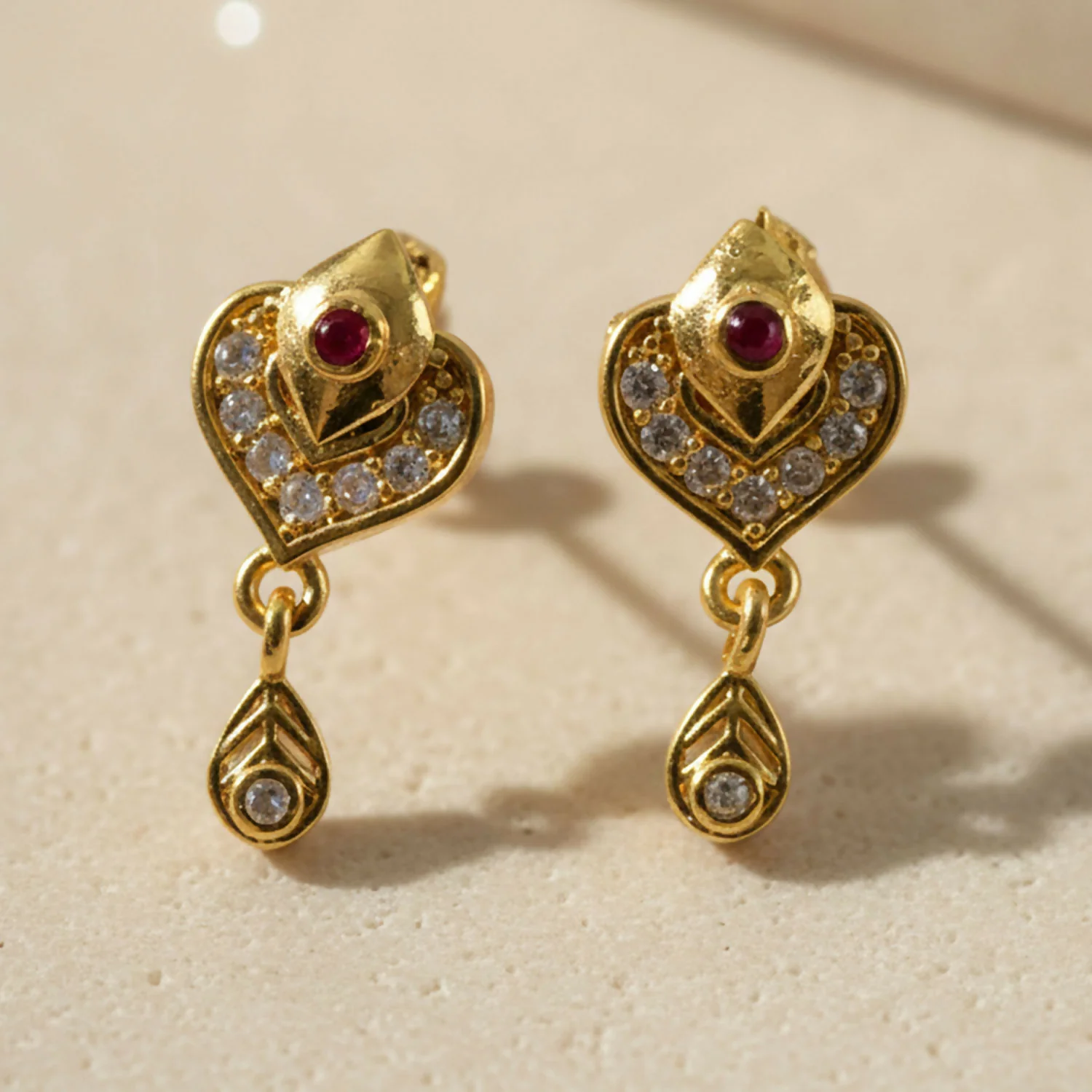 Royal Gold Heart Drop Earrings with Ruby & Crystal Accents - Image 2