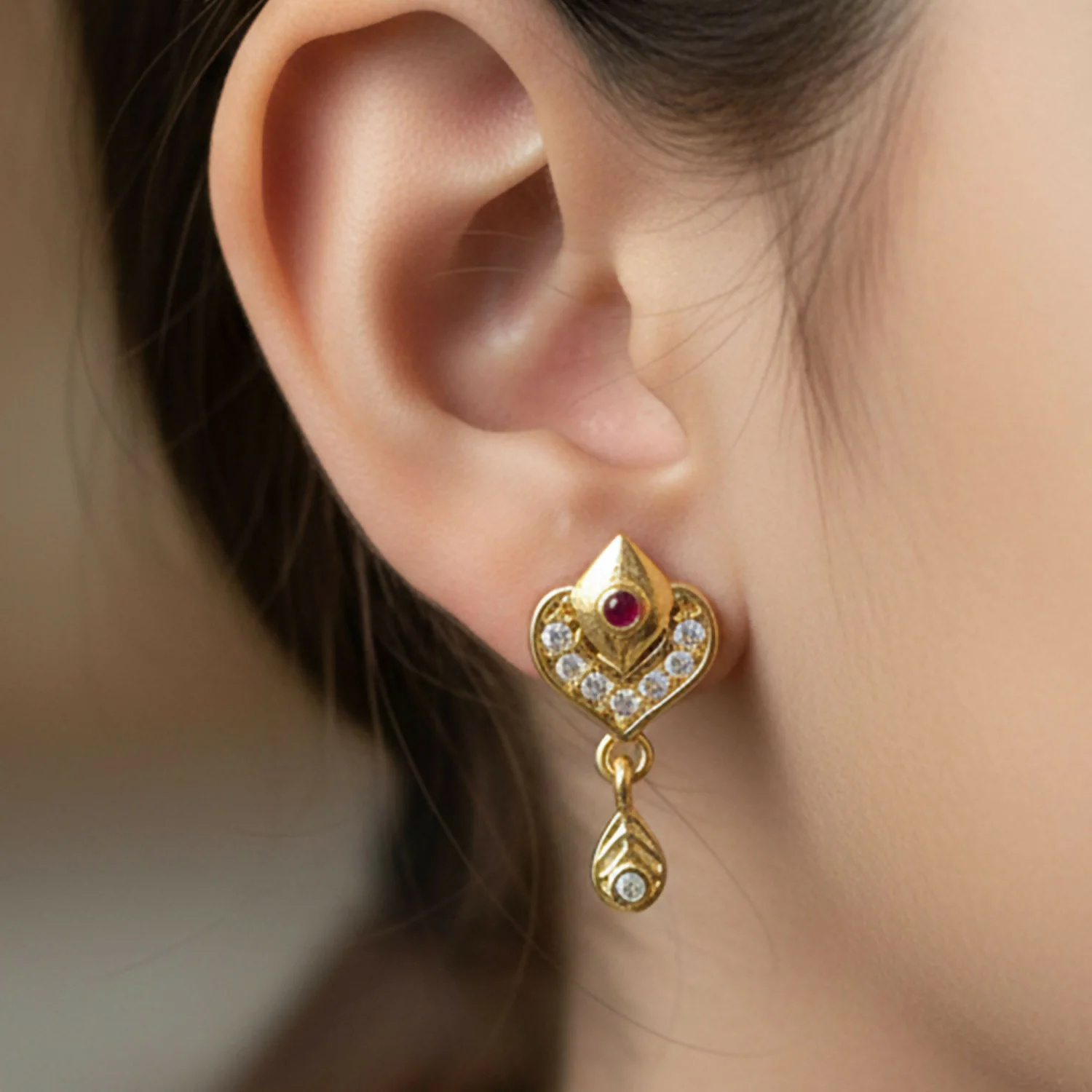 Royal Gold Heart Drop Earrings with Ruby & Crystal Accents - Image 3