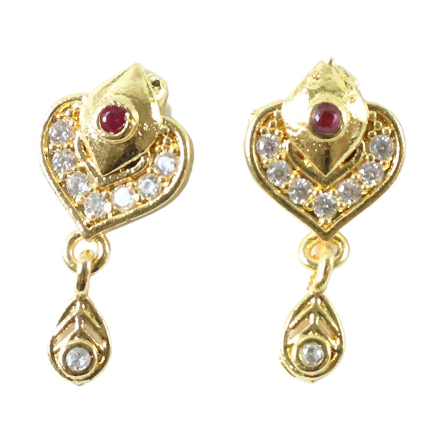 Royal Gold Heart Drop Earrings with Ruby & Crystal Accents - Image 4