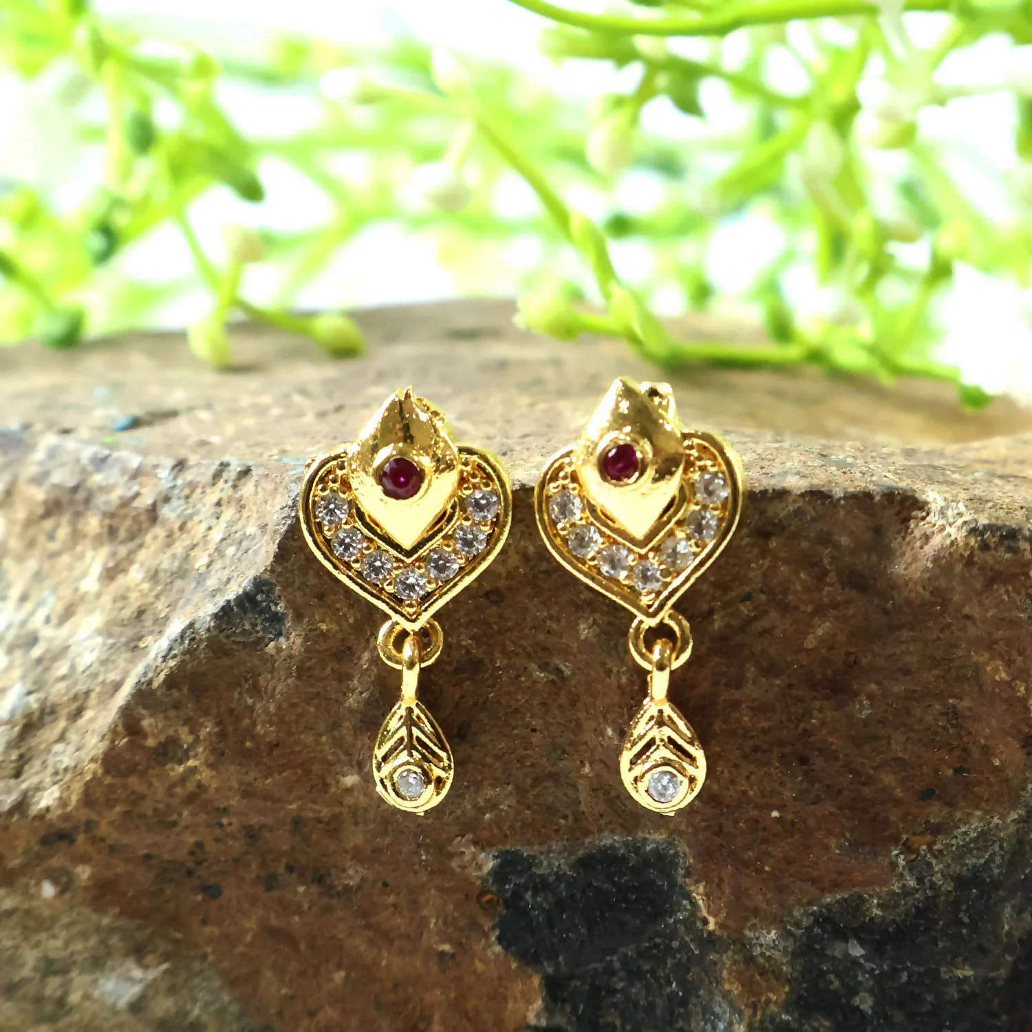 Royal Gold Heart Drop Earrings with Ruby & Crystal Accents - Image 5
