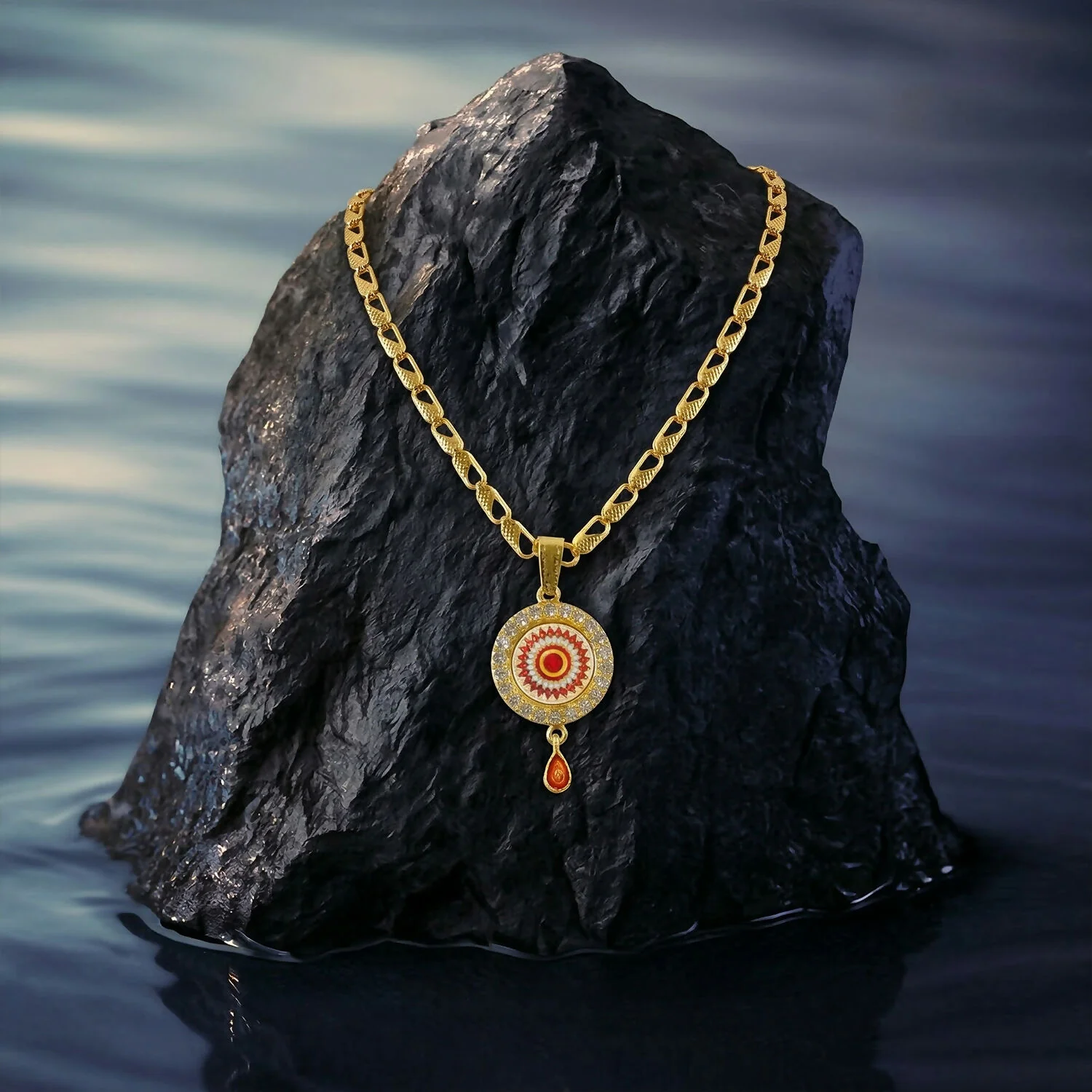 Royal Gold Pendant Necklace with Circular Enamel Stone Design - Image 3