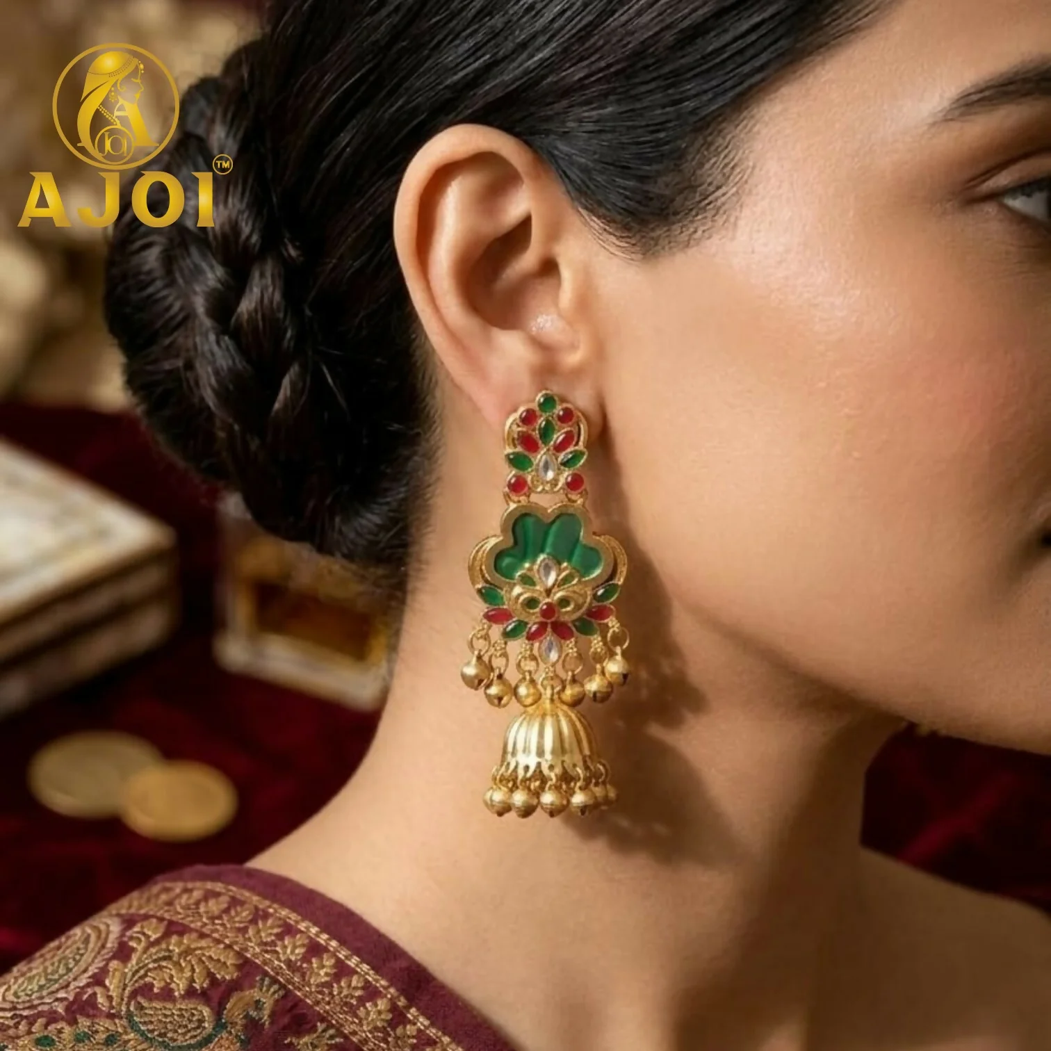Royal Green Kundan Jhumka Earrings with Gold Finish & Ghungroo Drops - Image 2