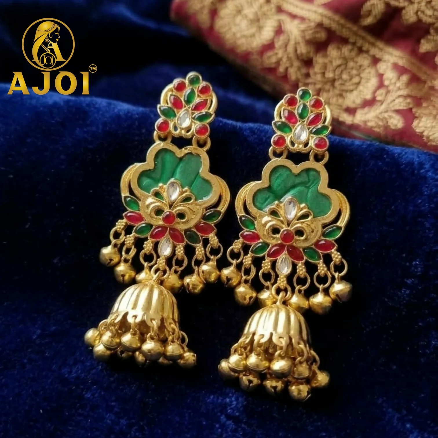 Royal Green Kundan Jhumka Earrings with Gold Finish & Ghungroo Drops - Image 3