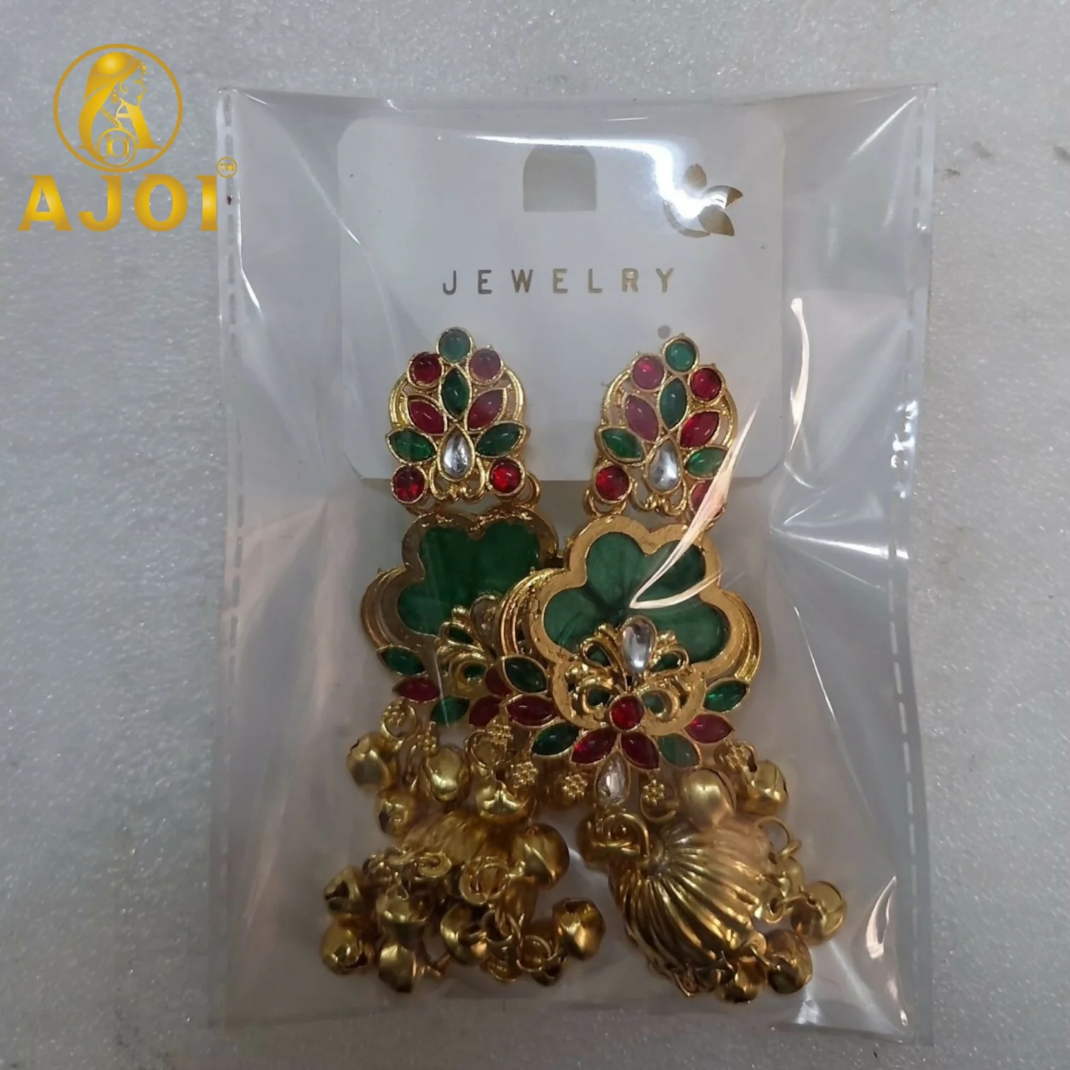 Royal Green Kundan Jhumka Earrings with Gold Finish & Ghungroo Drops - Image 4