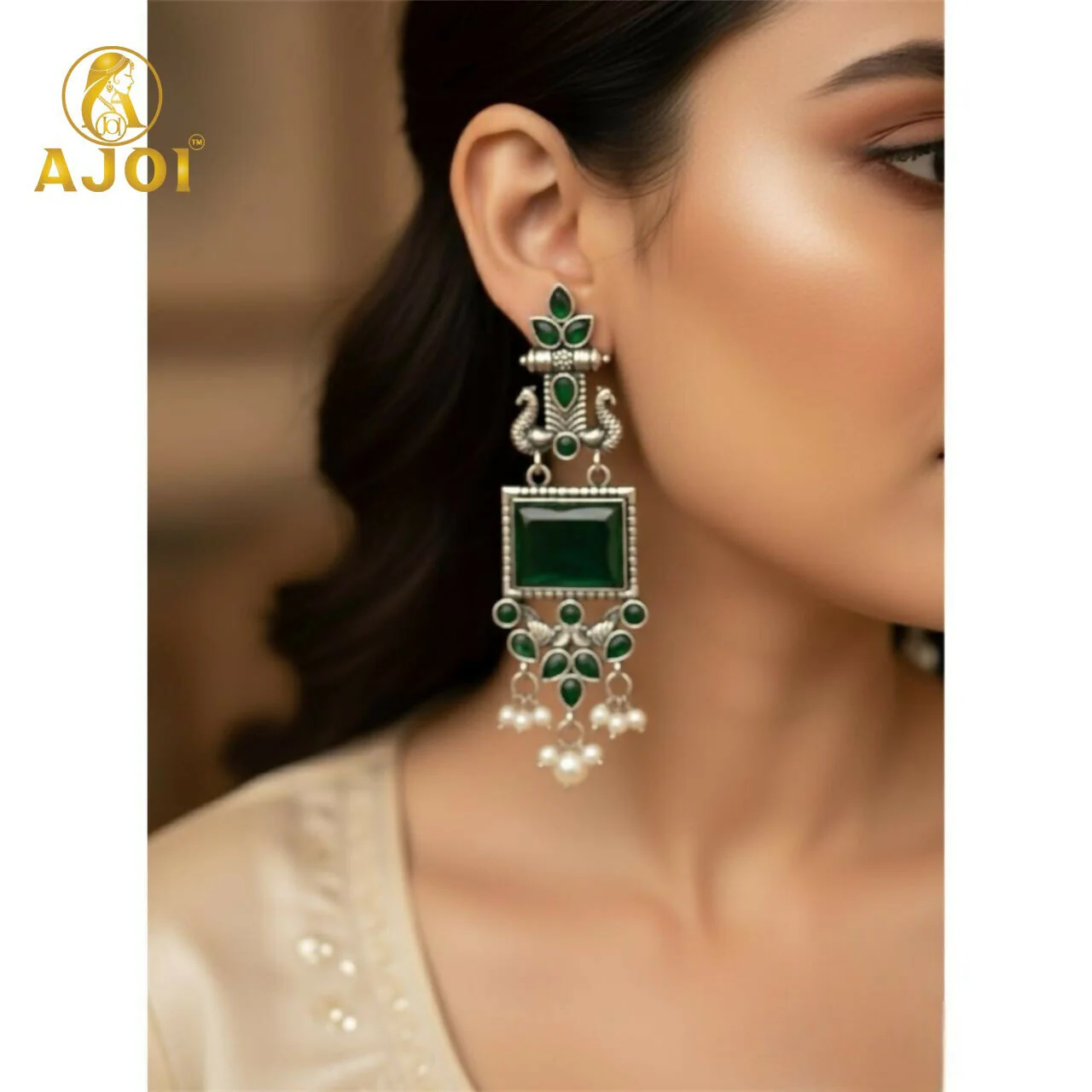Royal Green Kundan & Pearl Antique Silver Earrings Women And Girls. - Image 2