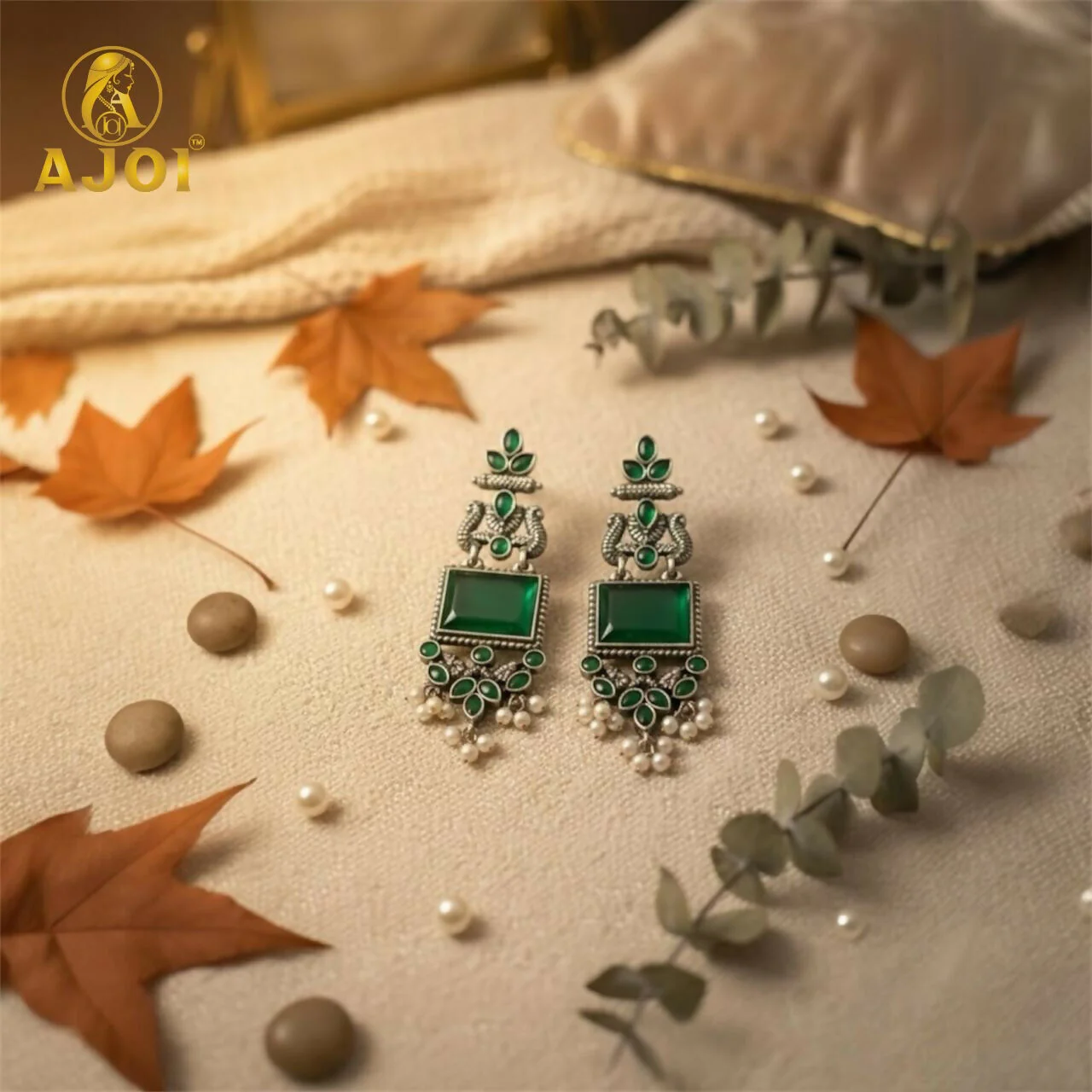 Royal Green Kundan & Pearl Antique Silver Earrings Women And Girls. - Image 3