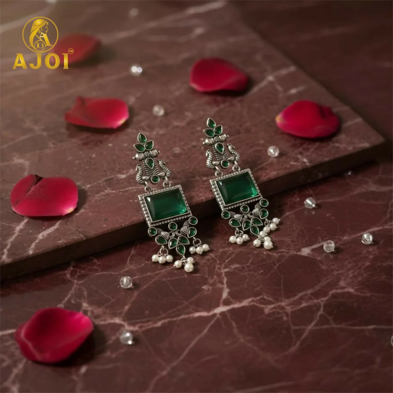 Royal Green Kundan & Pearl Antique Silver Earrings Women And Girls. - Image 4