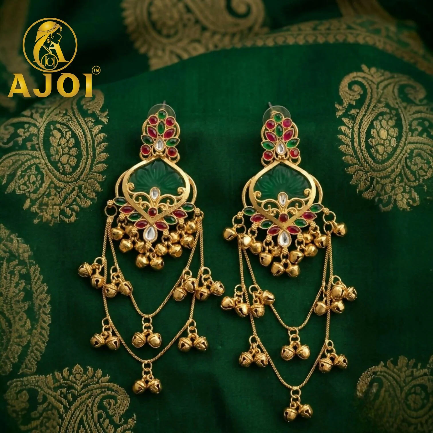 Royal Green Ruby Temple Chandbali Earrings for Bridal & Festive Wear - Image 3