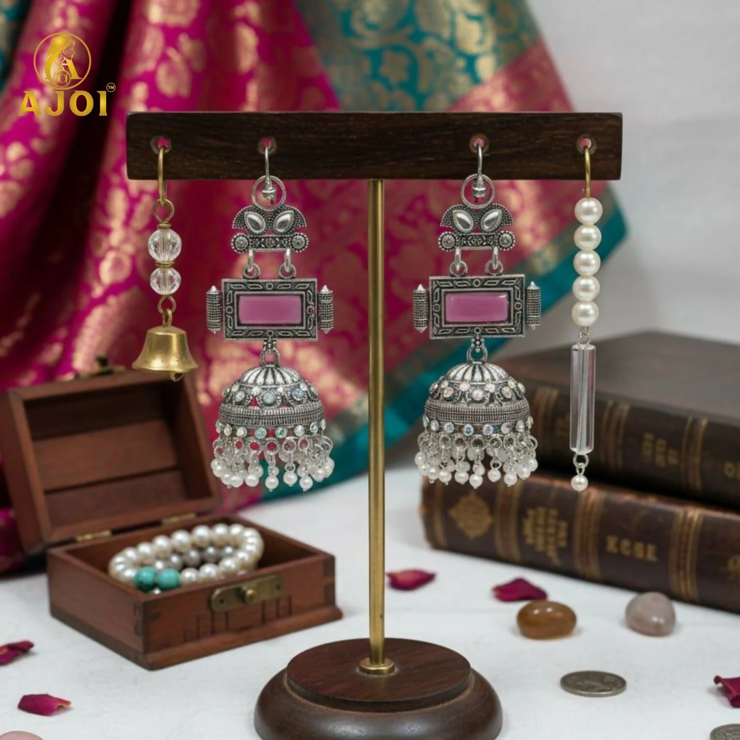 Royal Heirloom Oxidized Silver Jhumka Earrings with Blush Pink Stone Earring - Image 3