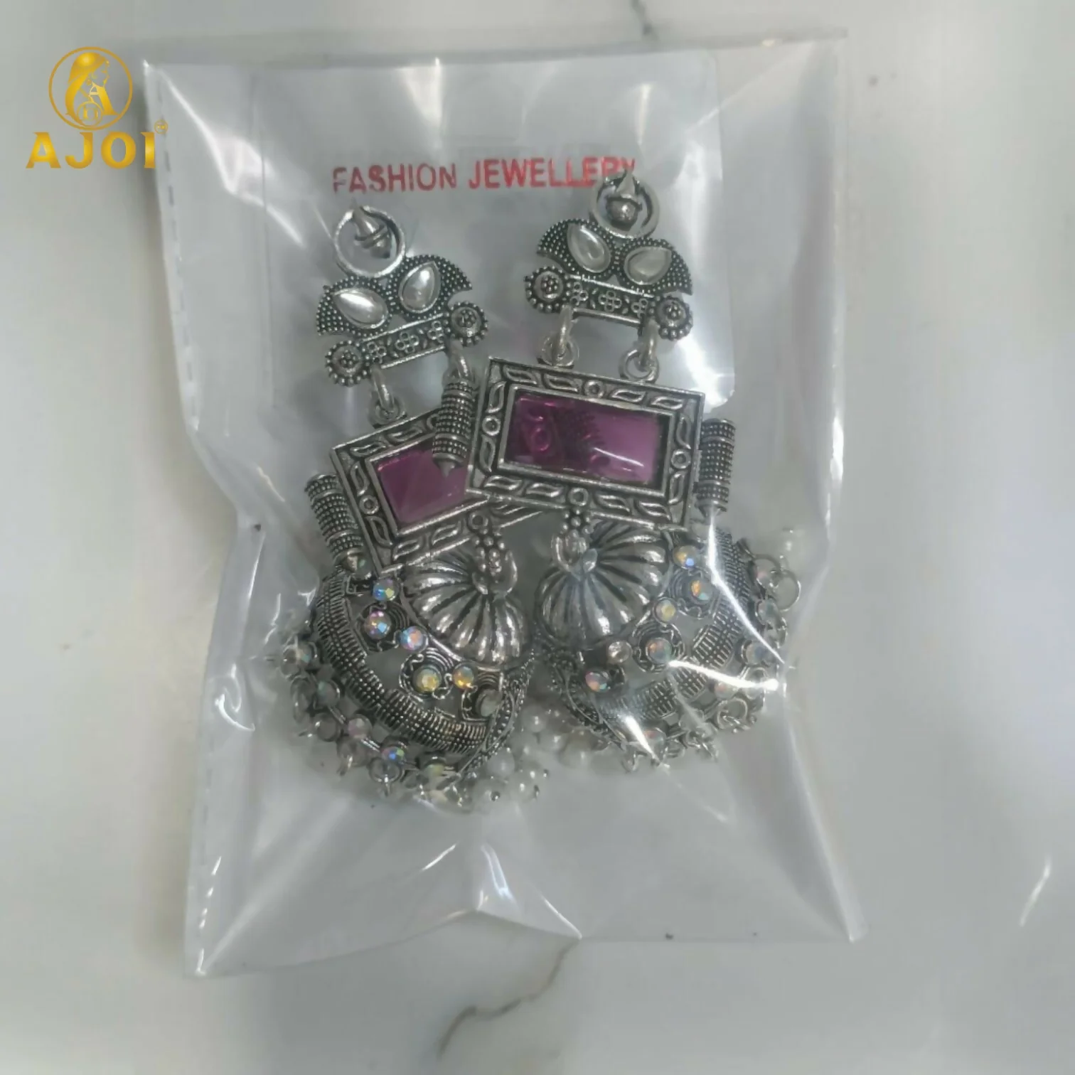 Royal Heirloom Oxidized Silver Jhumka Earrings with Blush Pink Stone Earring - Image 4