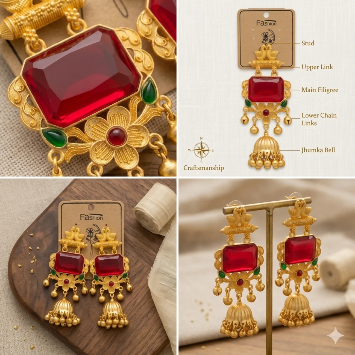 Royal Kashmiri Gold Peacock Jhumka Earrings with Ruby Red Stone & Floral Detailing - Image 2