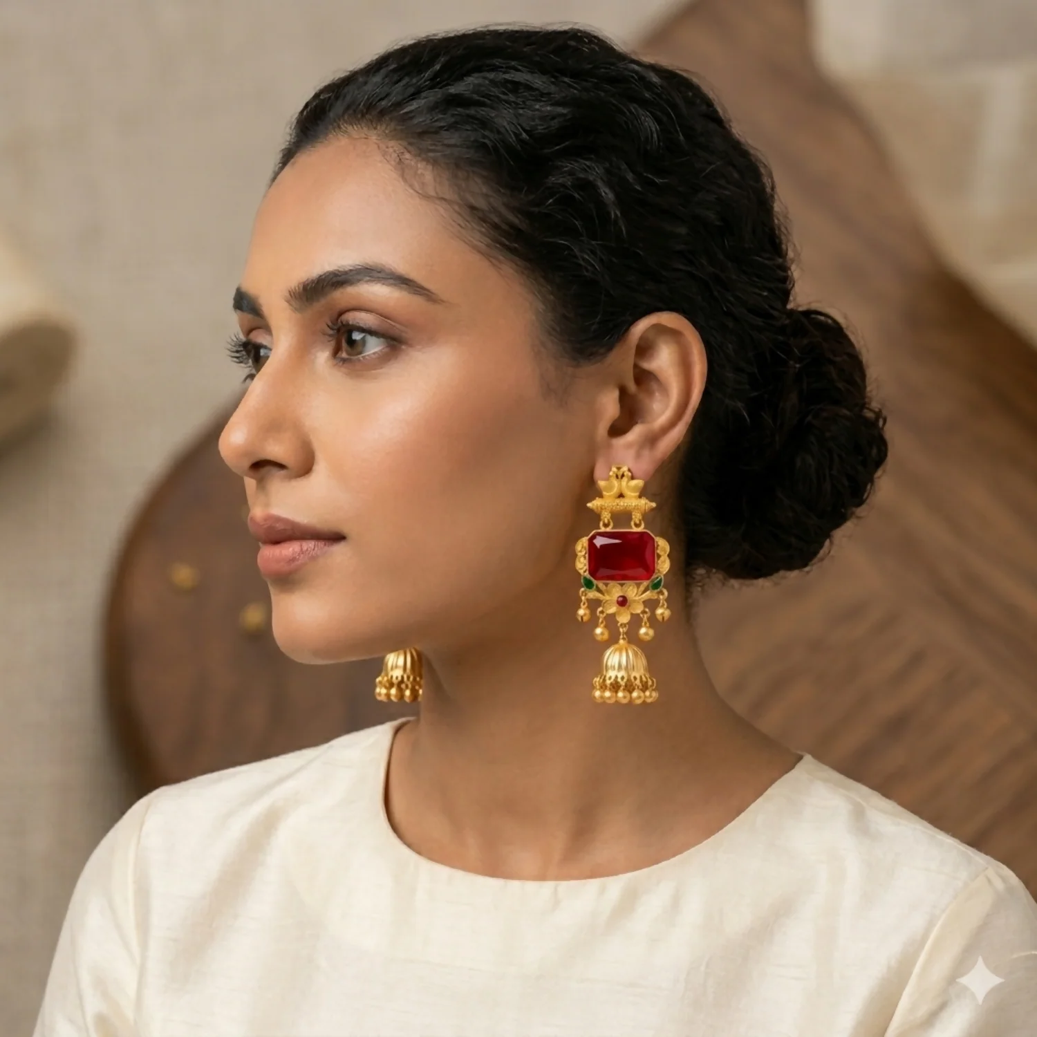 Royal Kashmiri Gold Peacock Jhumka Earrings with Ruby Red Stone & Floral Detailing - Image 3