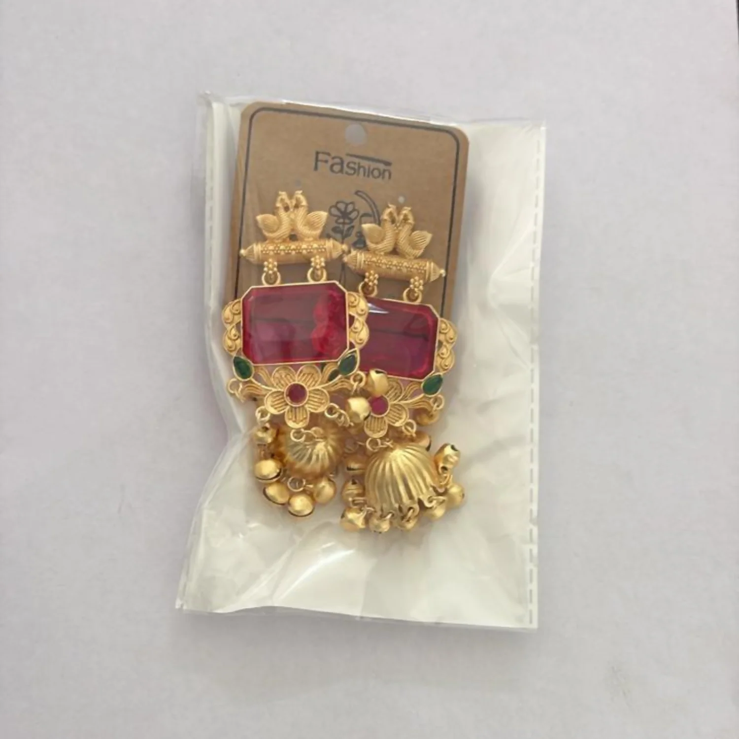 Royal Kashmiri Gold Peacock Jhumka Earrings with Ruby Red Stone & Floral Detailing - Image 4