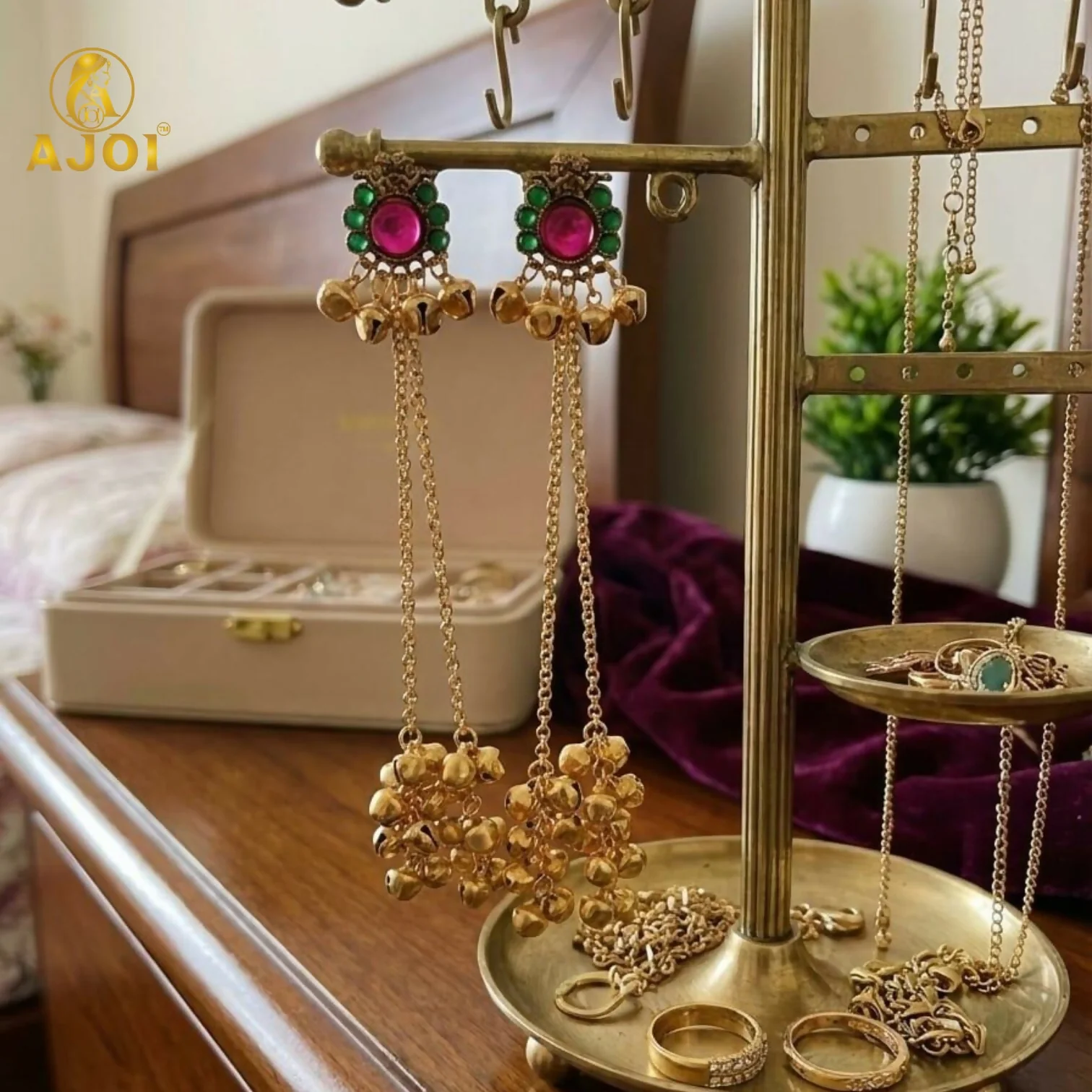 Royal Kashmiri-Inspired Gold-Plated ERuby Pink & Emerald Green Stones, Dual Chain Ghungroo Drops - Image 3