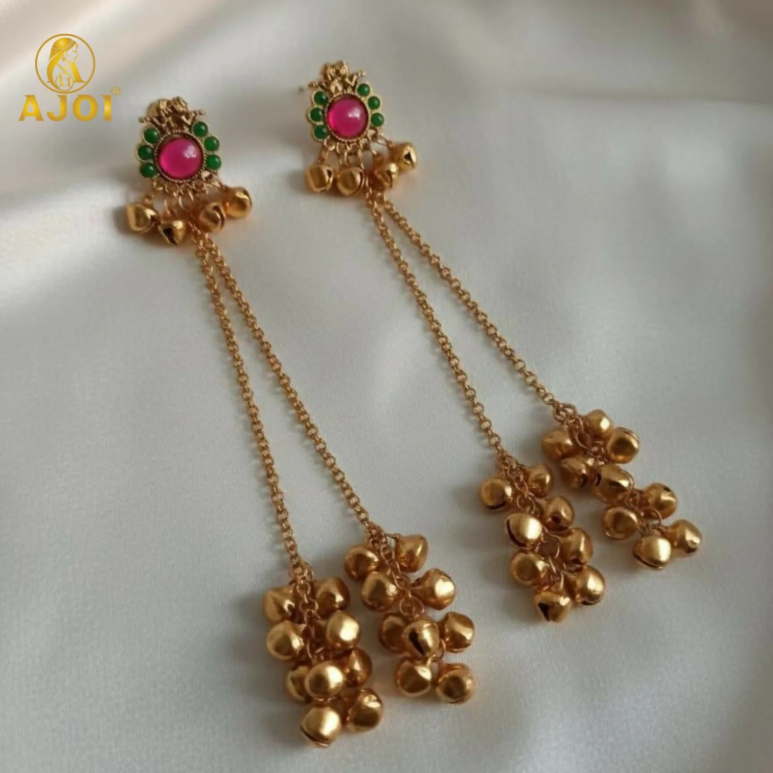 Royal Kashmiri-Inspired Gold-Plated ERuby Pink & Emerald Green Stones, Dual Chain Ghungroo Drops - Image 4