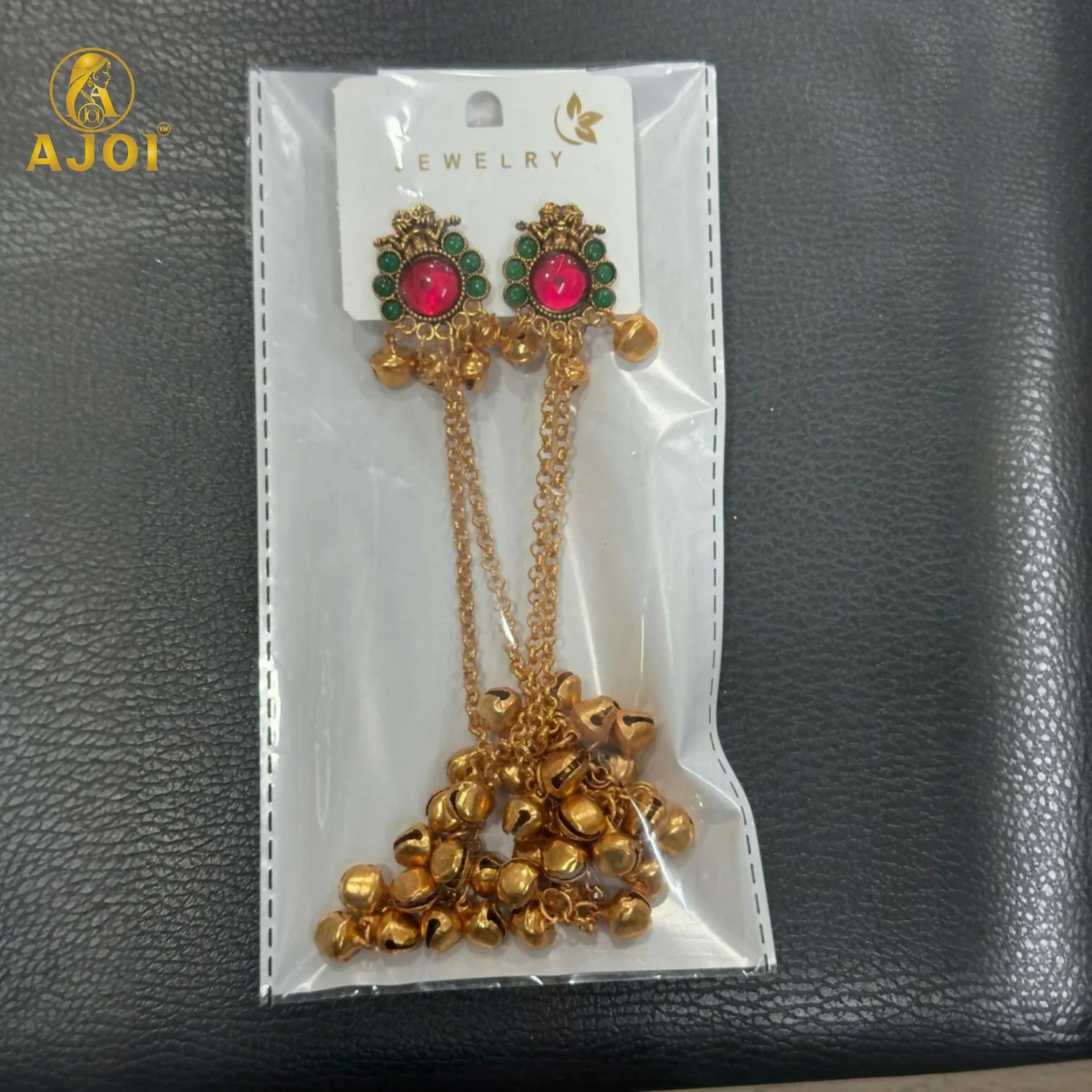 Royal Kashmiri-Inspired Gold-Plated ERuby Pink & Emerald Green Stones, Dual Chain Ghungroo Drops - Image 5