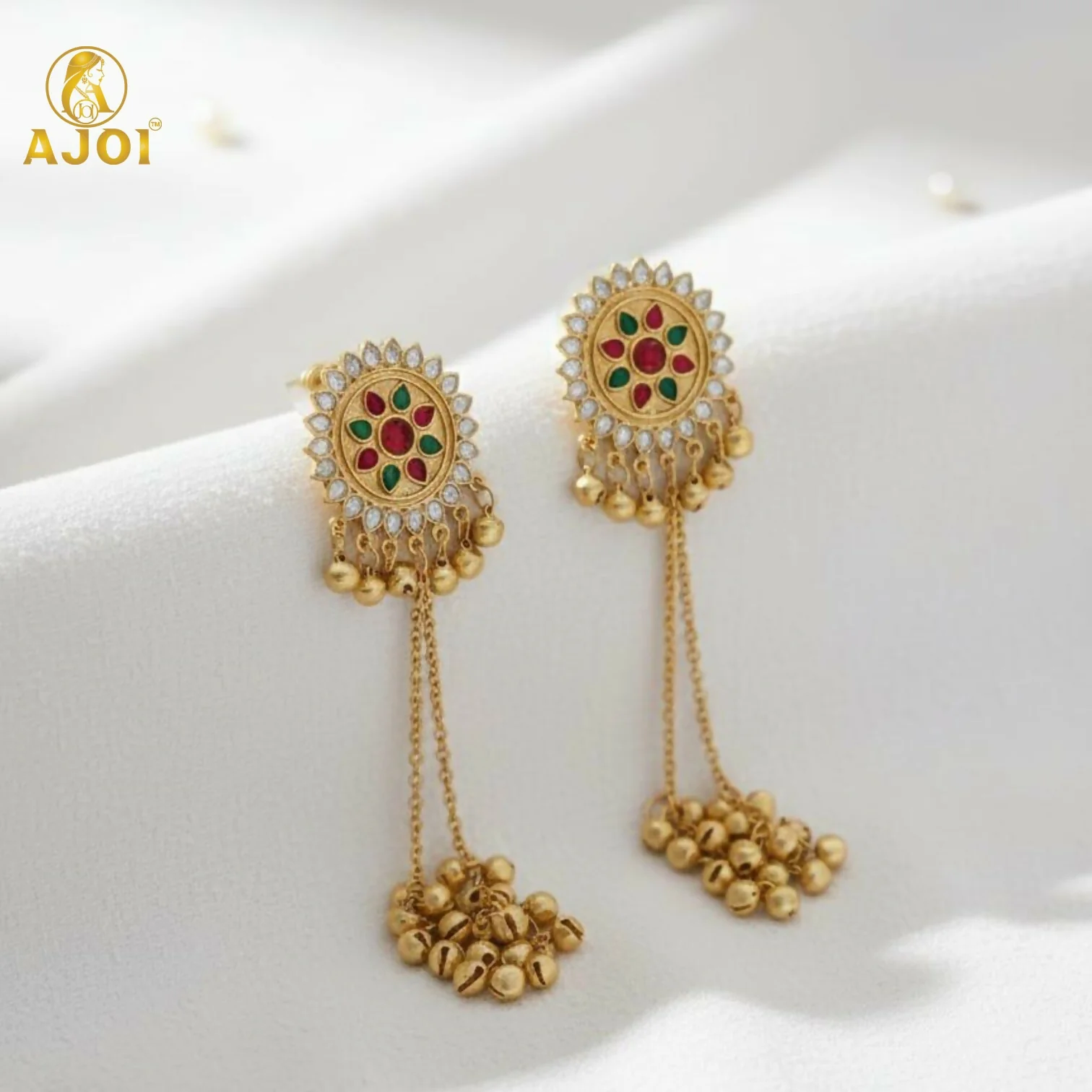Royal Kashmiri Jhumka Drop Earrings with Kundan & Pearl Tassels–Luxury Earrings - Image 3